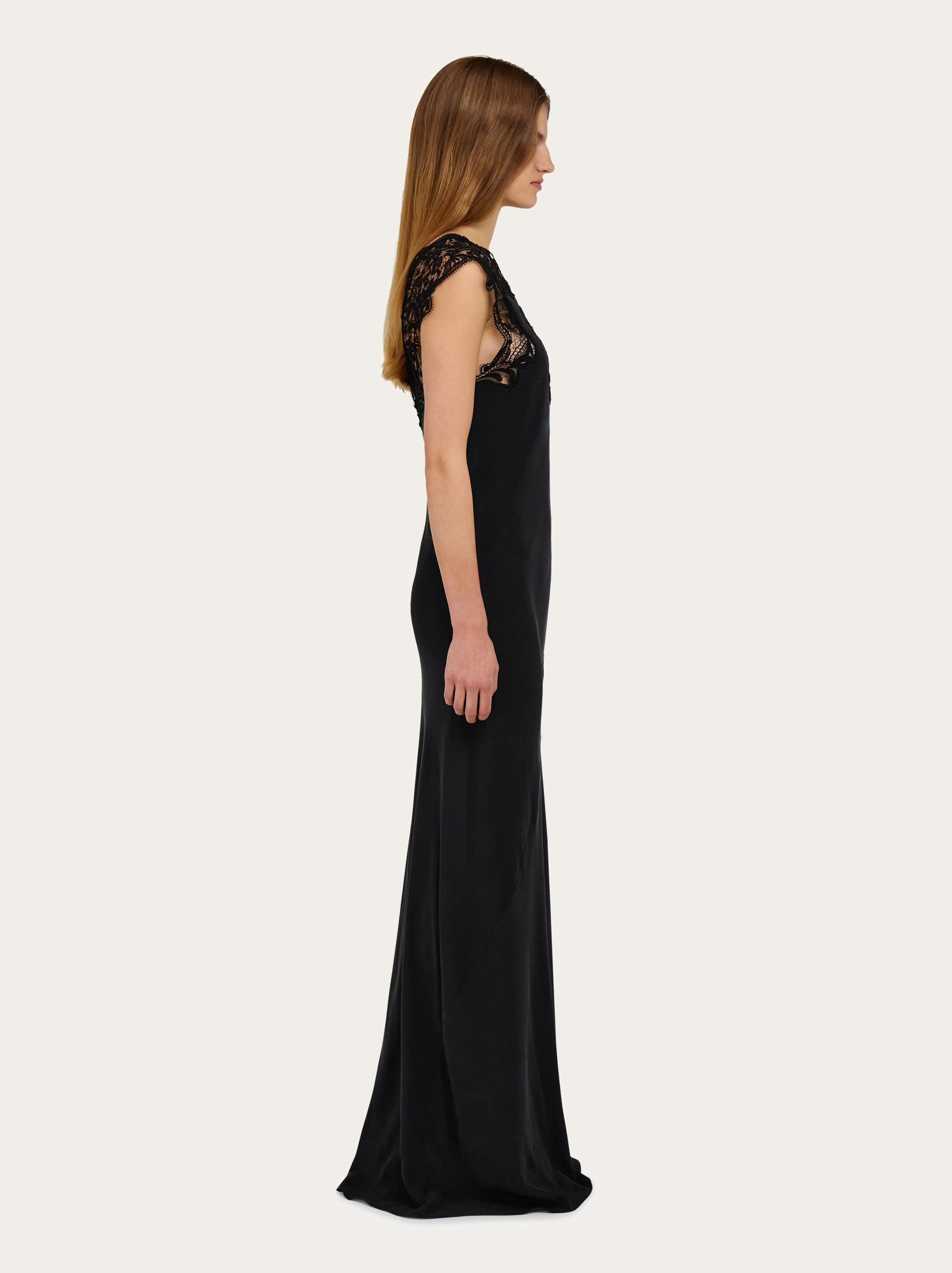  Ferragamo Damen Seidenkleid Mit Spitze Schwarz 