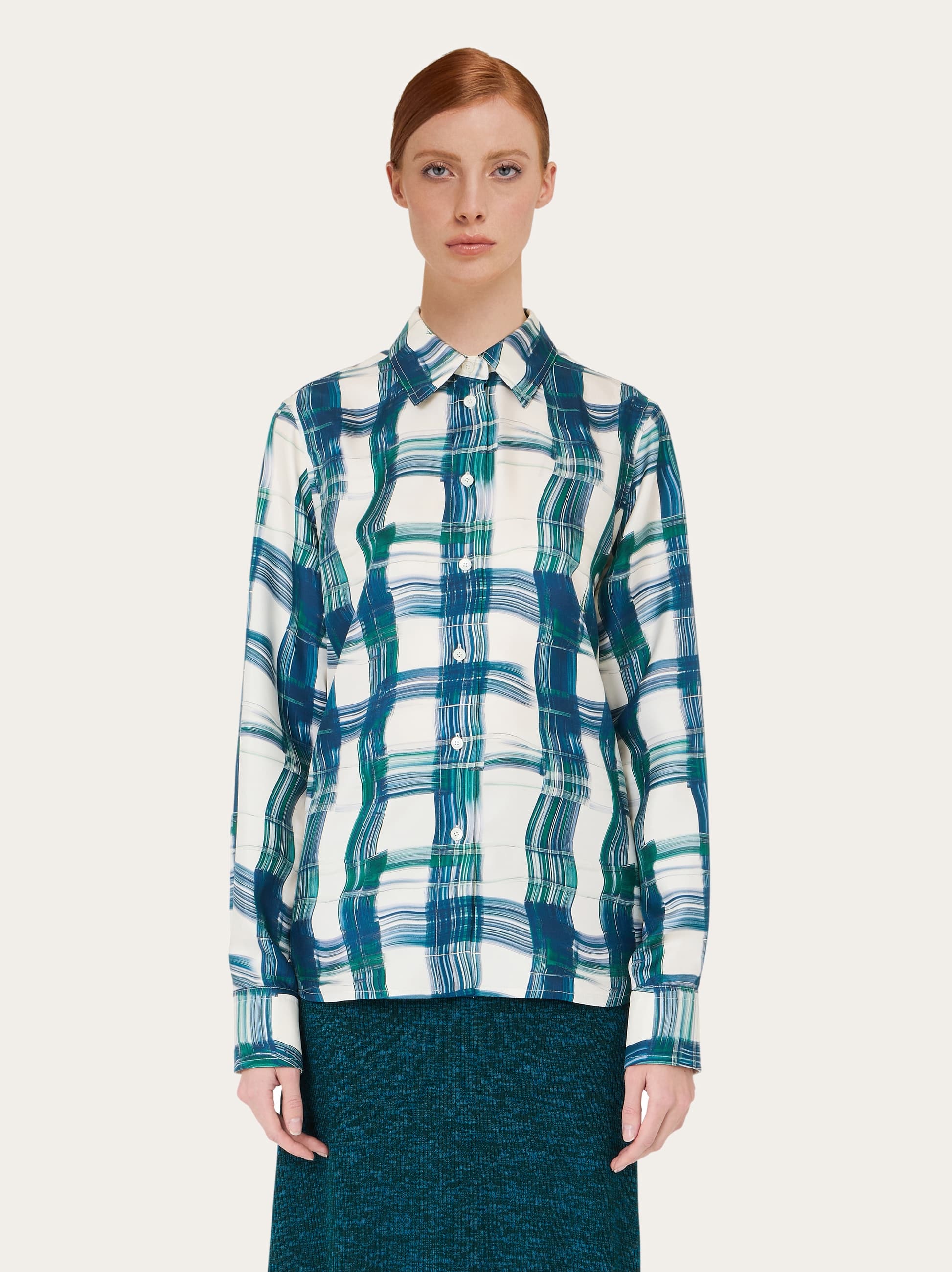Ferragamo Brushstroke Check Button Down Silk Blouse