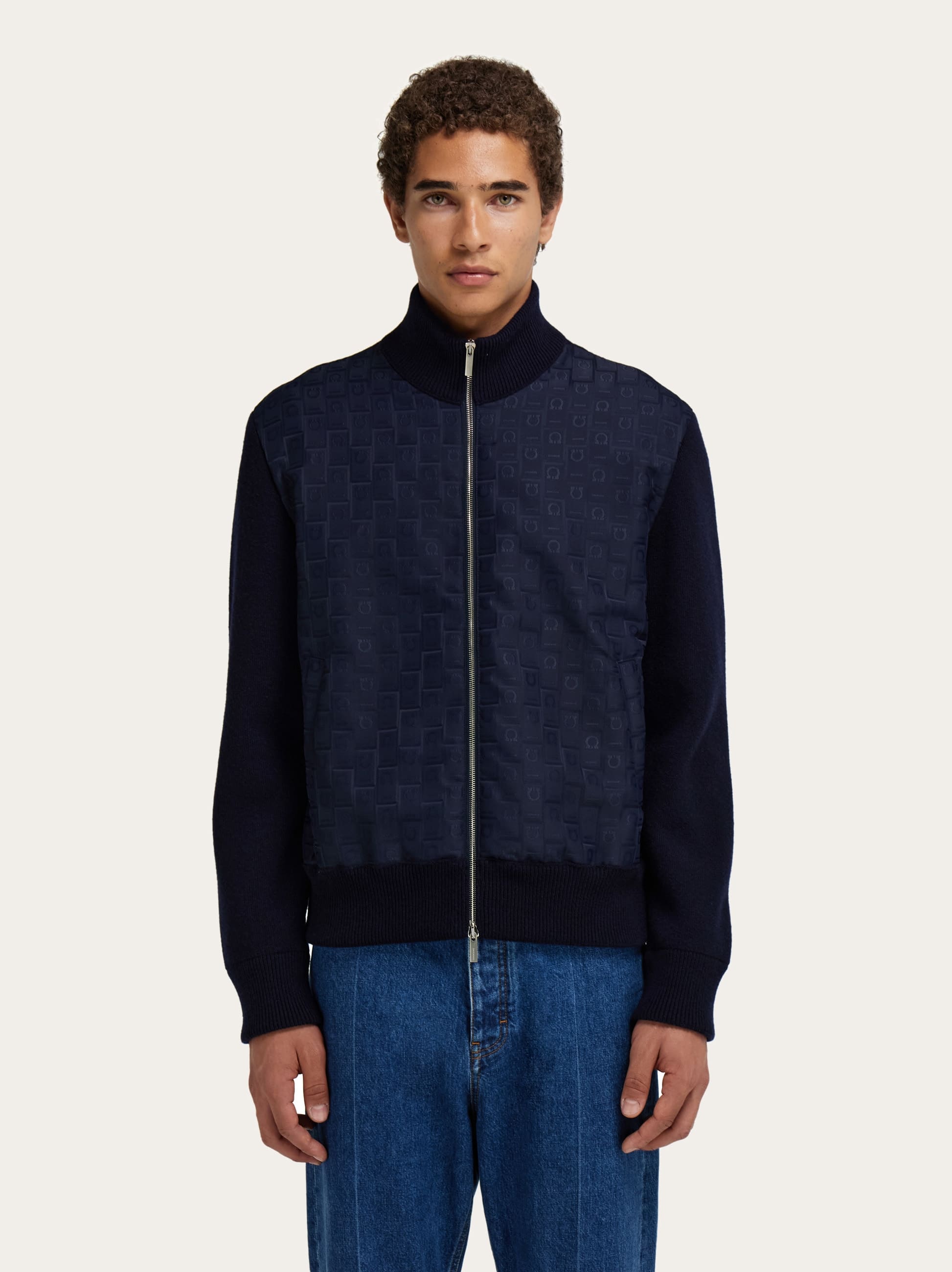 Ferragamo Knitted Bomber Jacket In Blue