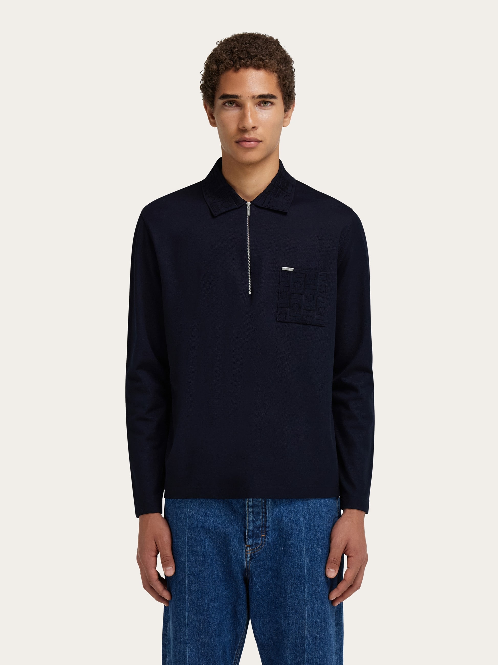Ferragamo Zip Long-sleeved Polo Shirt In Blue
