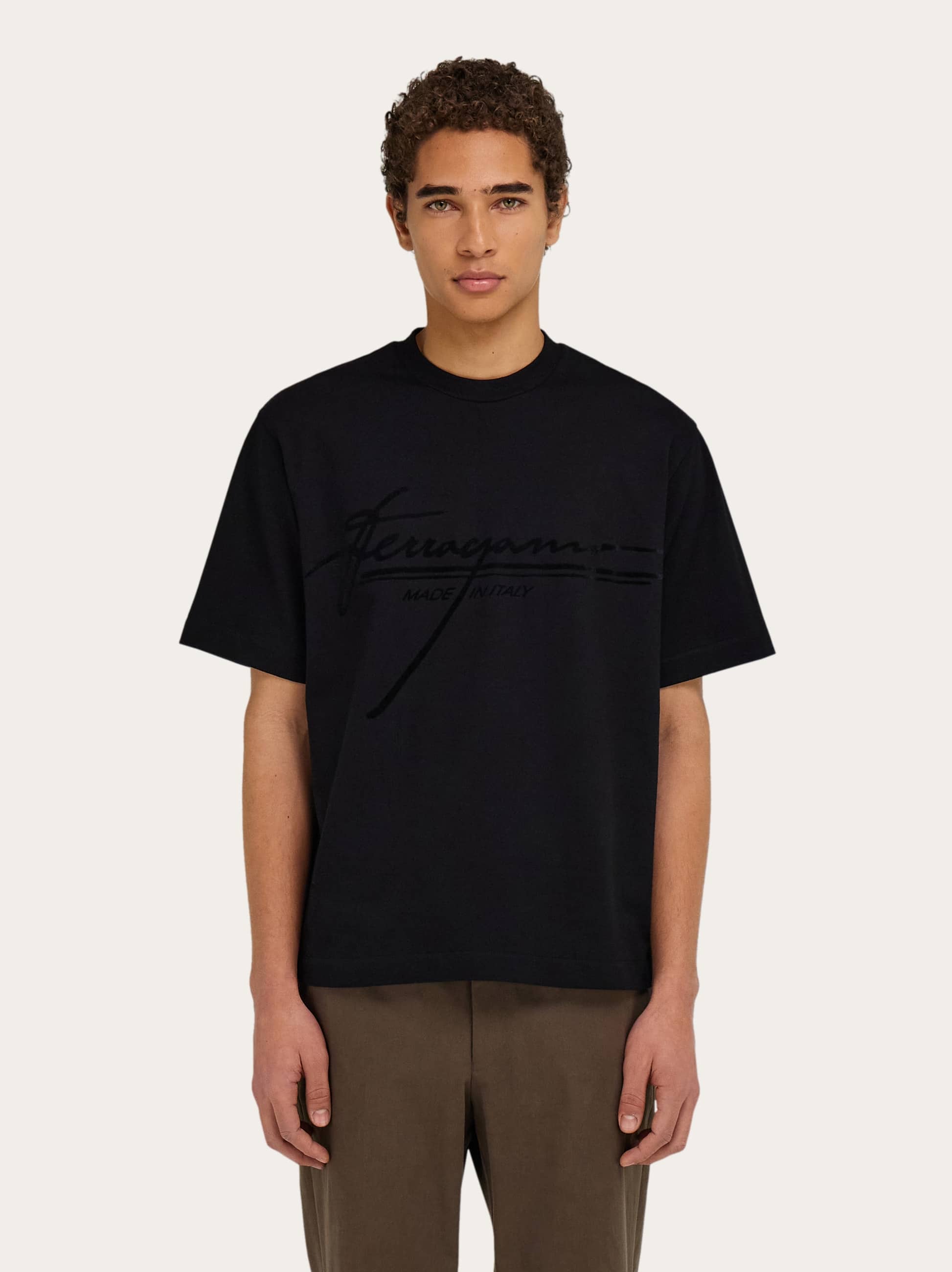 Ferragamo Signature Velvet Logo T-shirt In Black