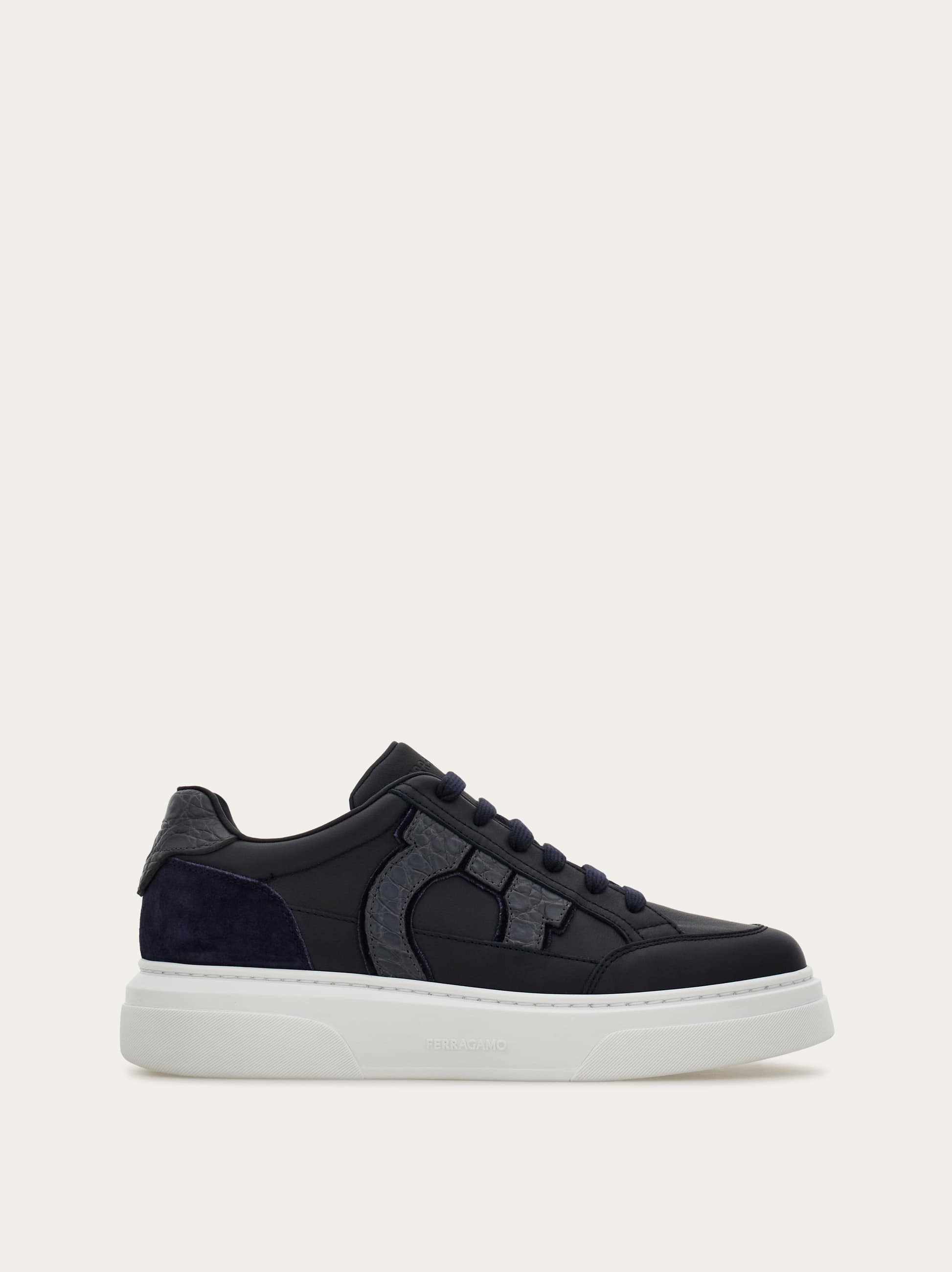 Ferragamo Low Top Sneaker With Gancini Ornament In Black