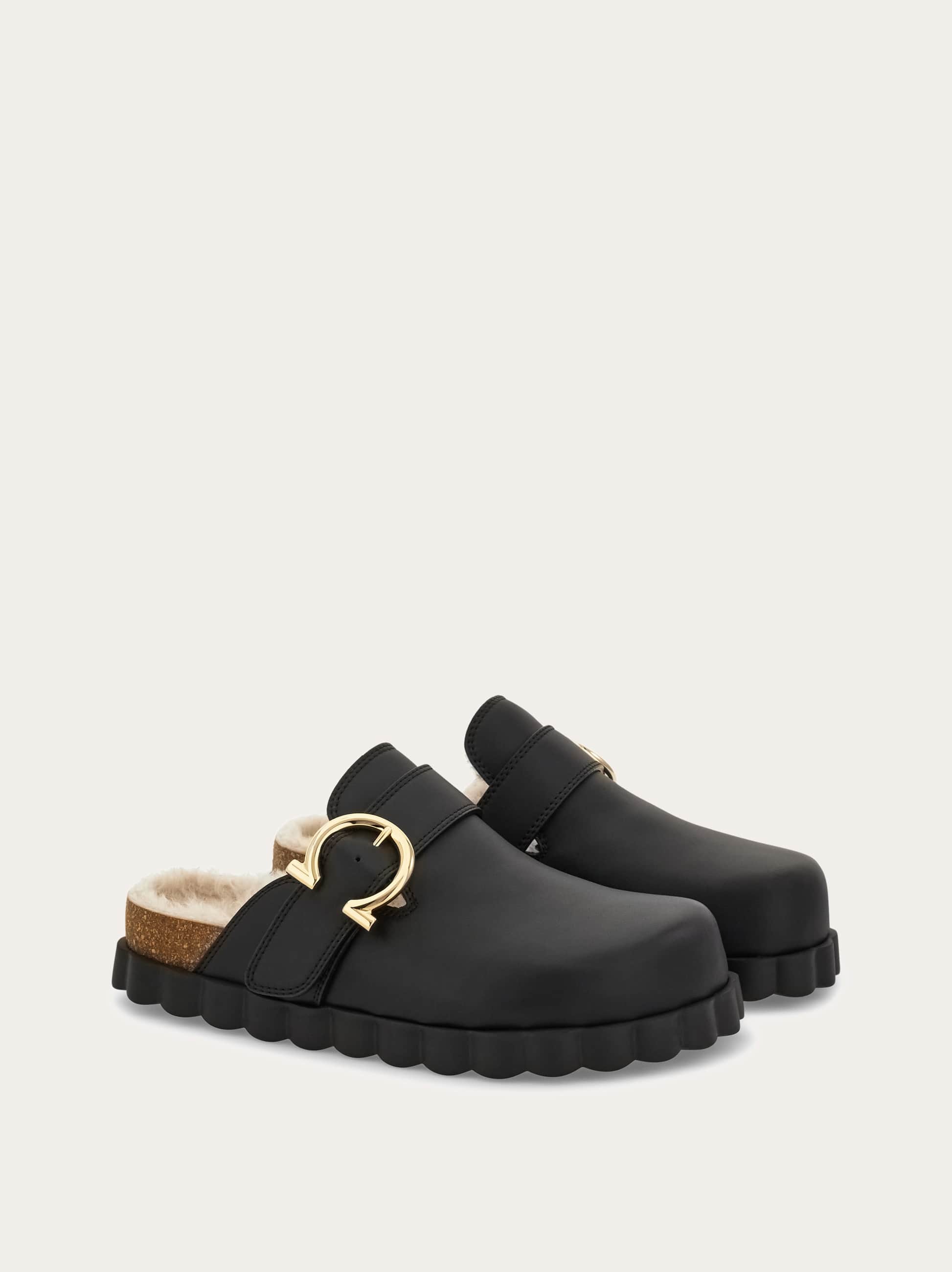 Ferragamo Gancini Clog With Rippled Sole Detail In Black