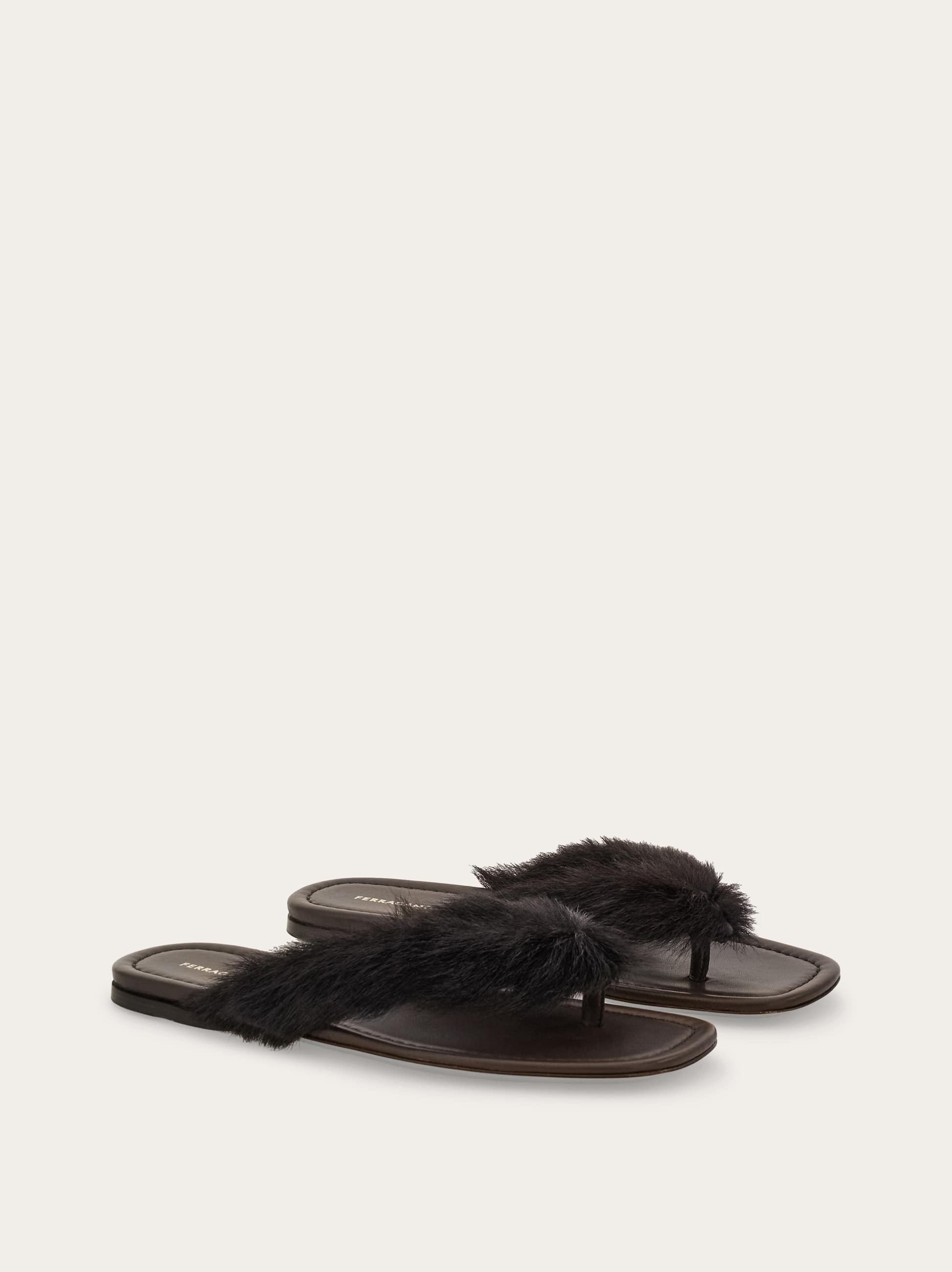Ferragamo Thong Sandal With Fur Detail In Brown