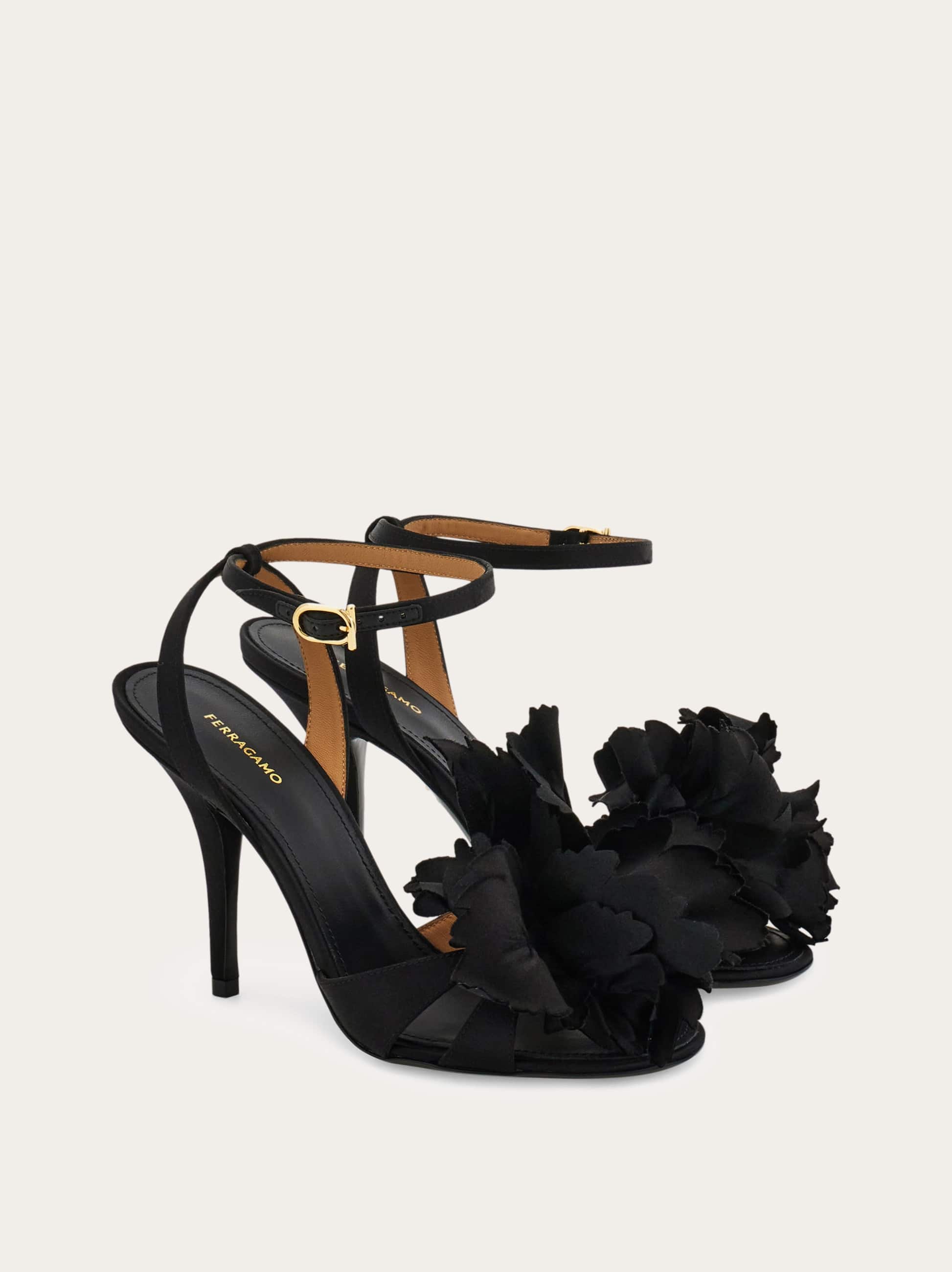 Ferragamo Black Satin Flower Sandals In Black