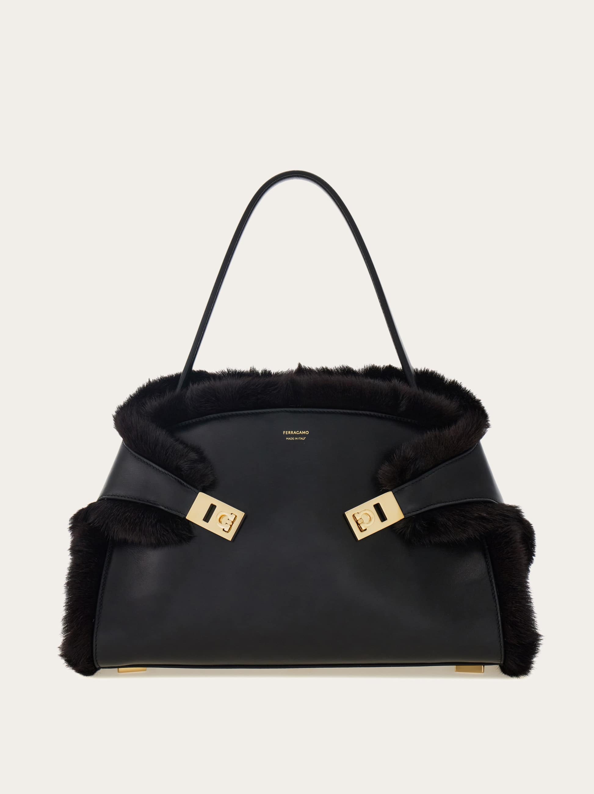 Ferragamo Hug Shearling-trimmed Leather Shoulder Bag In Black
