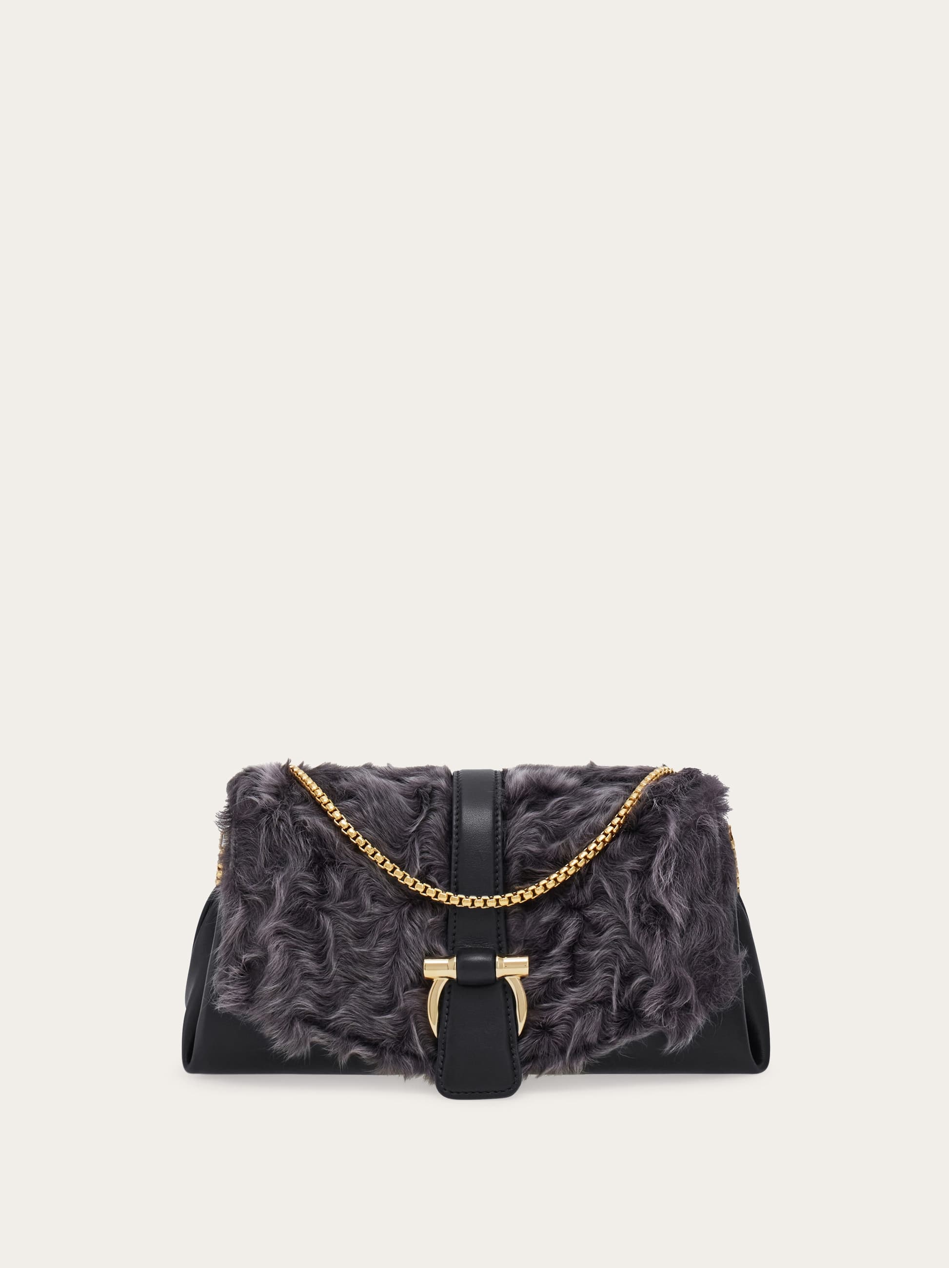 Ferragamo Small Shearling-front Clutch Bag In Gray