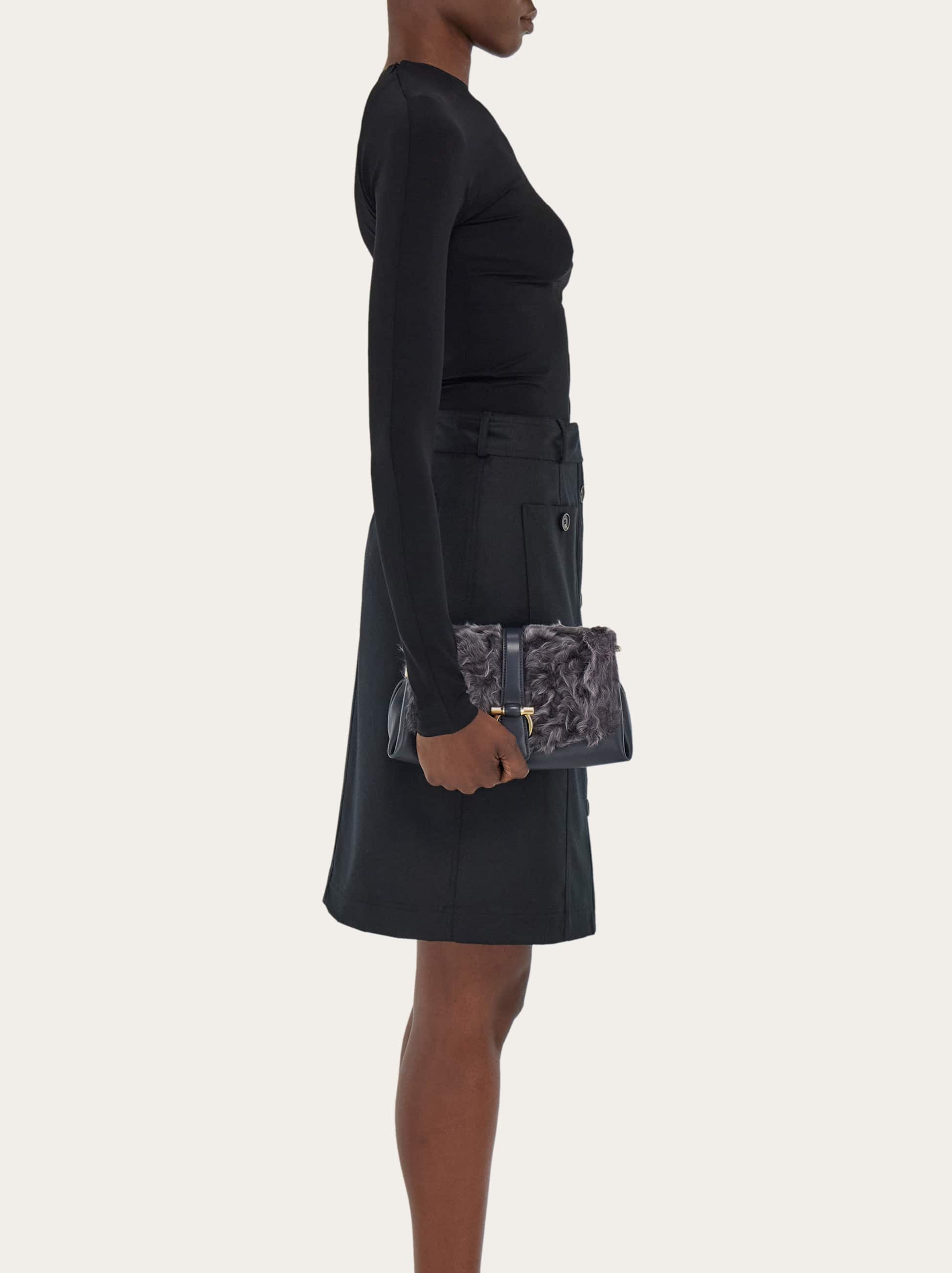 Ferragamo Small Shearling-front Clutch Bag In Gray