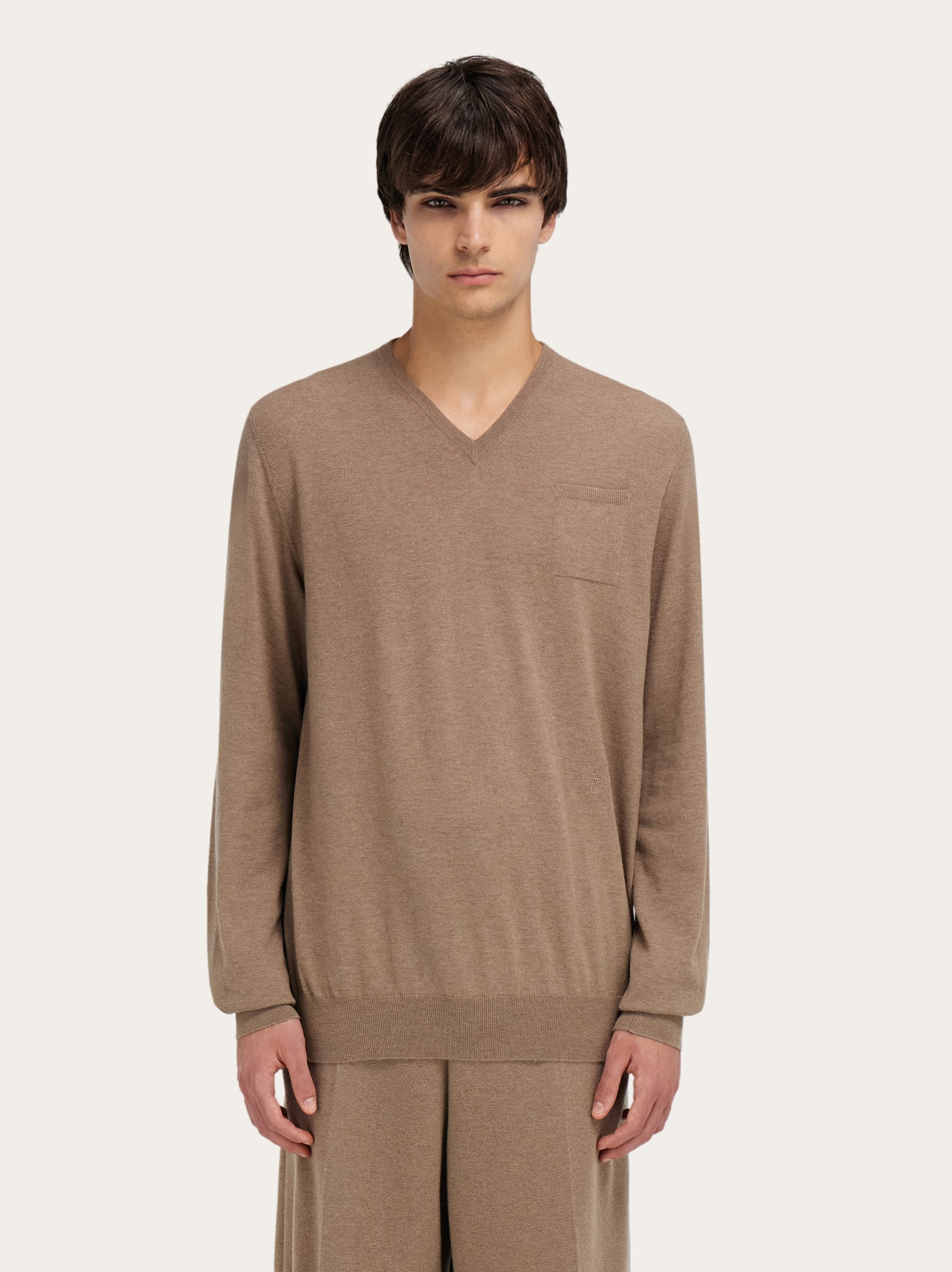 Ferragamo V-neck Sweater With Pocket Detail In Brown