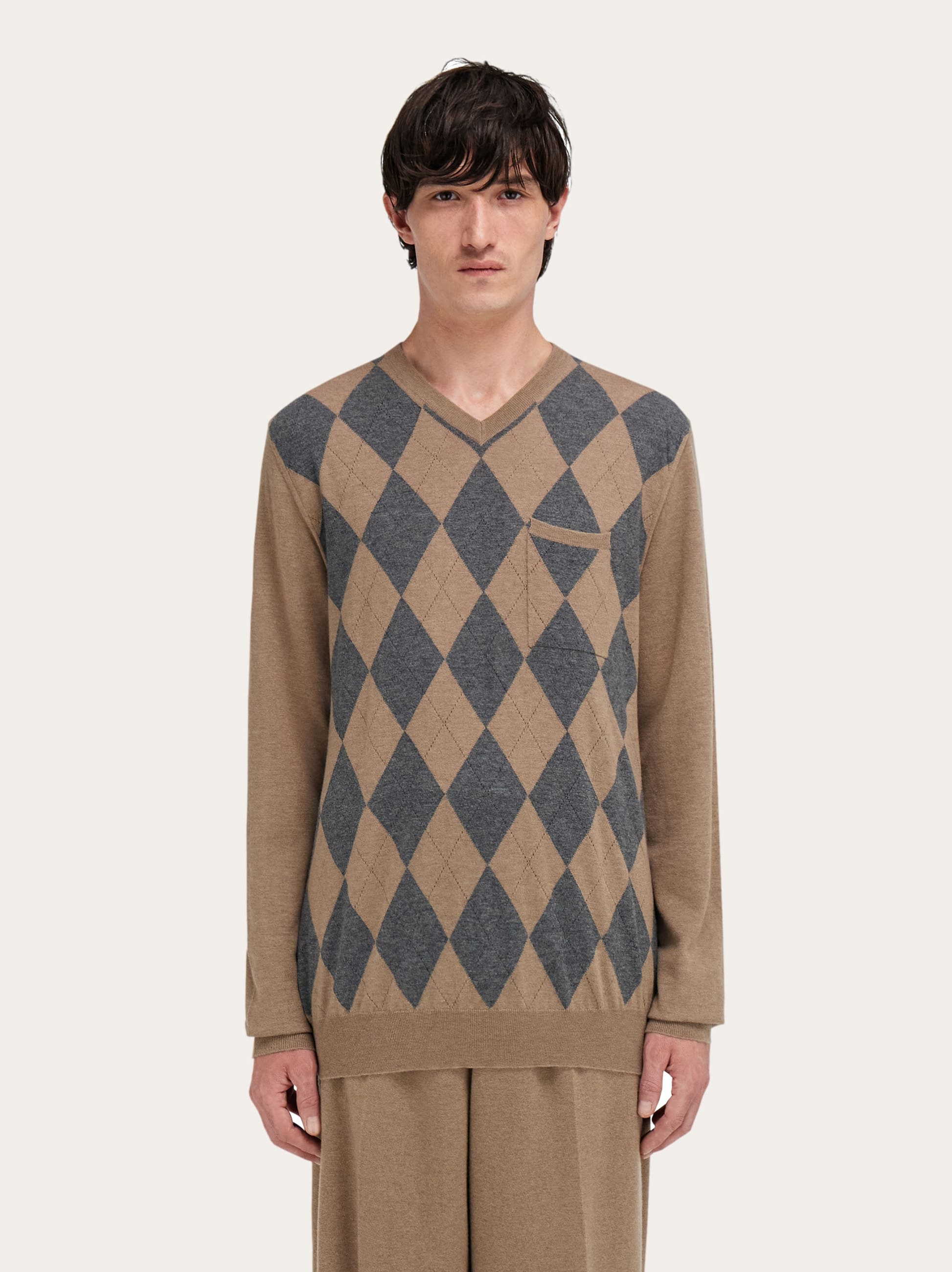 Ferragamo V-neck Argyle Virgin-wool Sweater In Brown