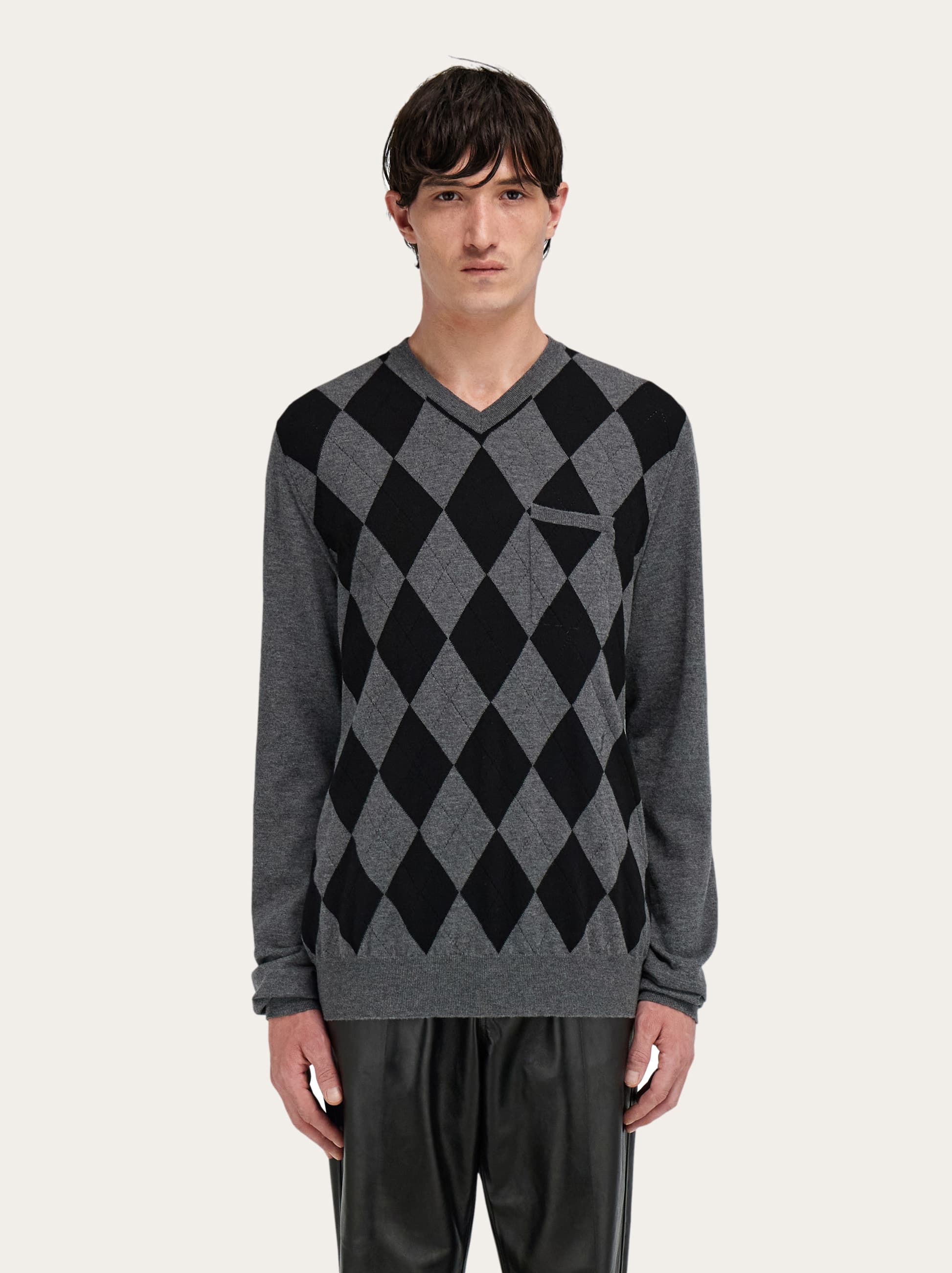 Ferragamo Argyle Pocket V-neck Sweater In Gray