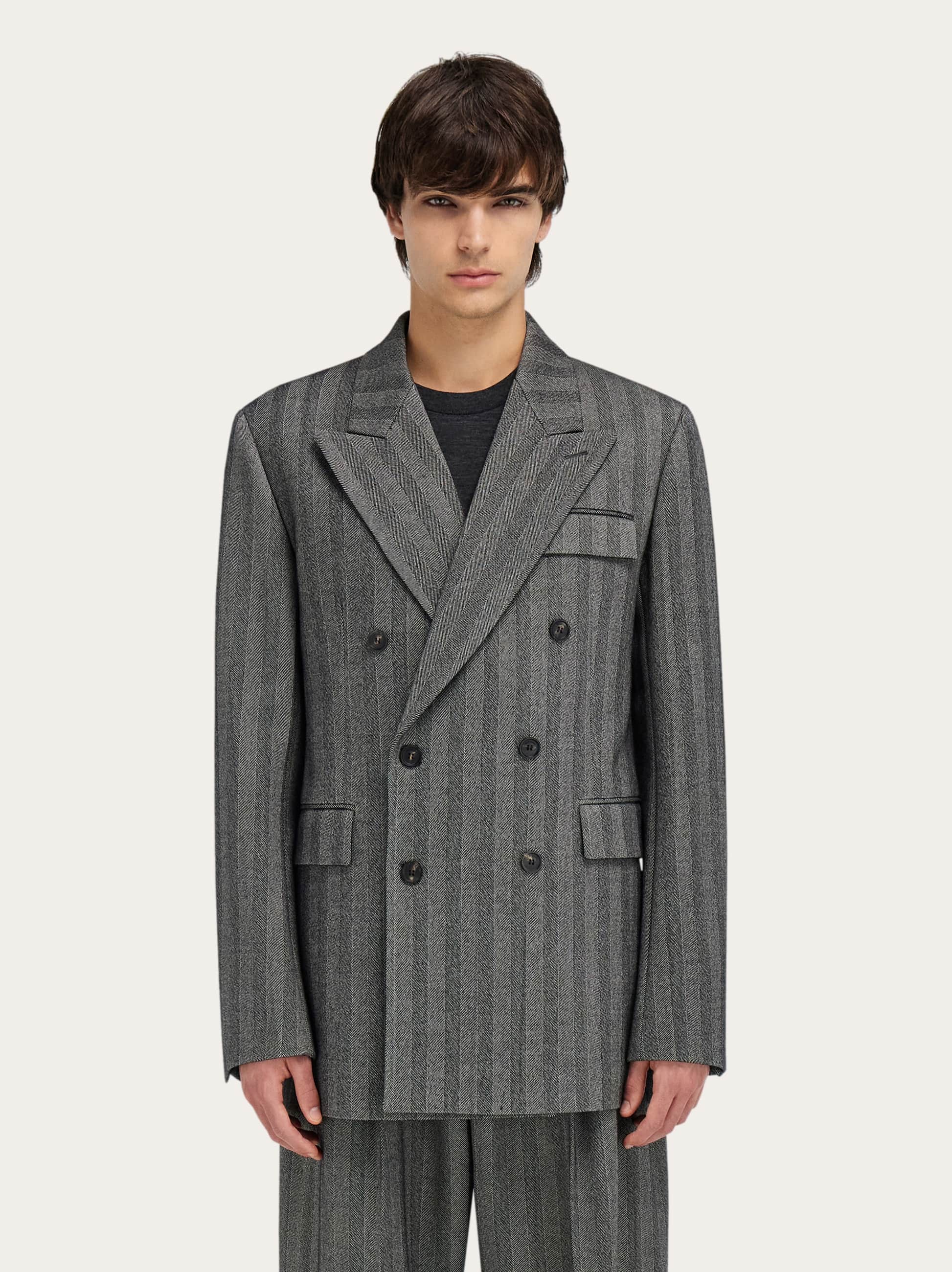 Ferragamo Herringbone Double-breasted Blazer In Gray