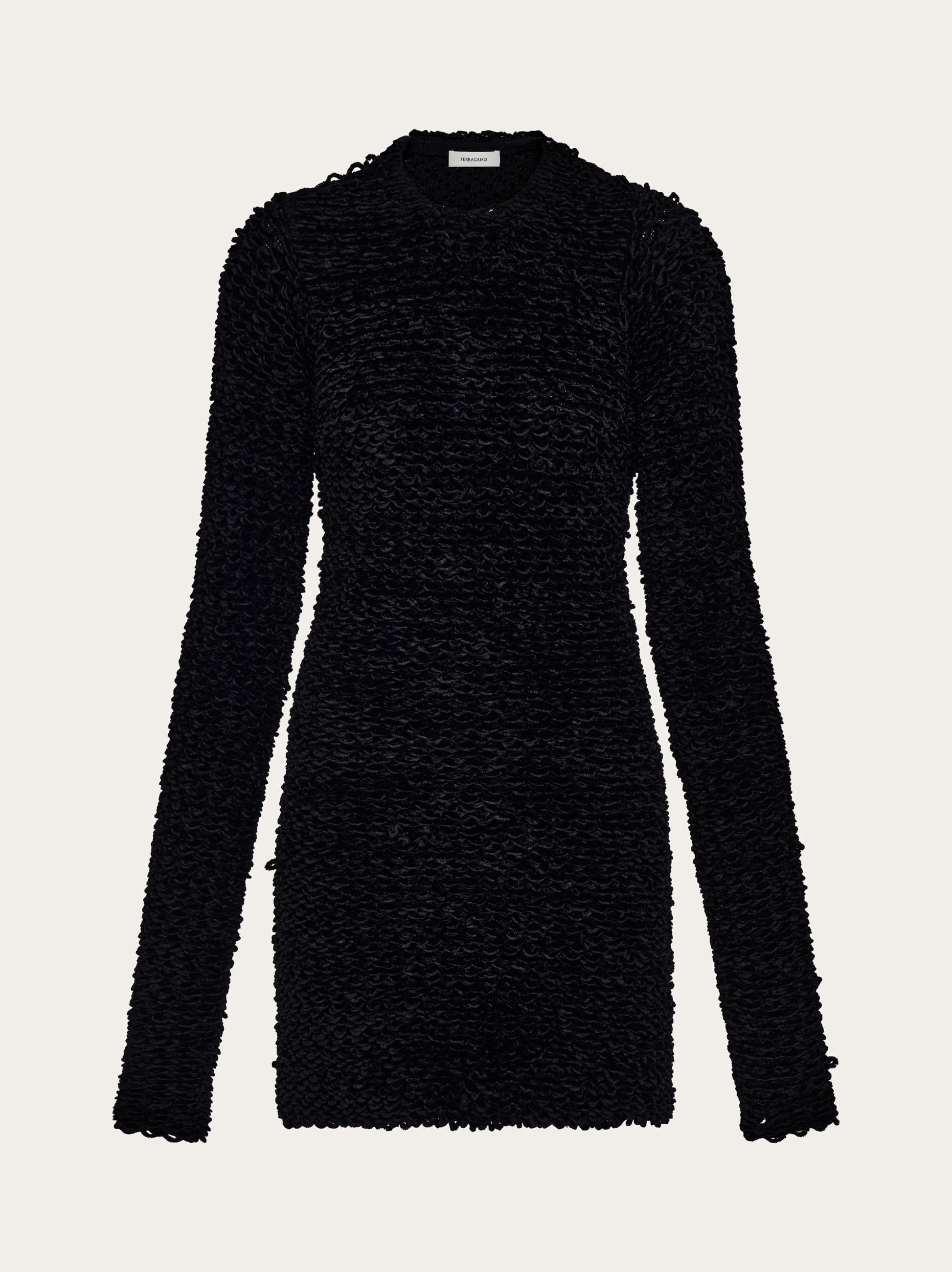 Ferragamo Astrakhan-effect Long-sleeve Mini Dress In Black