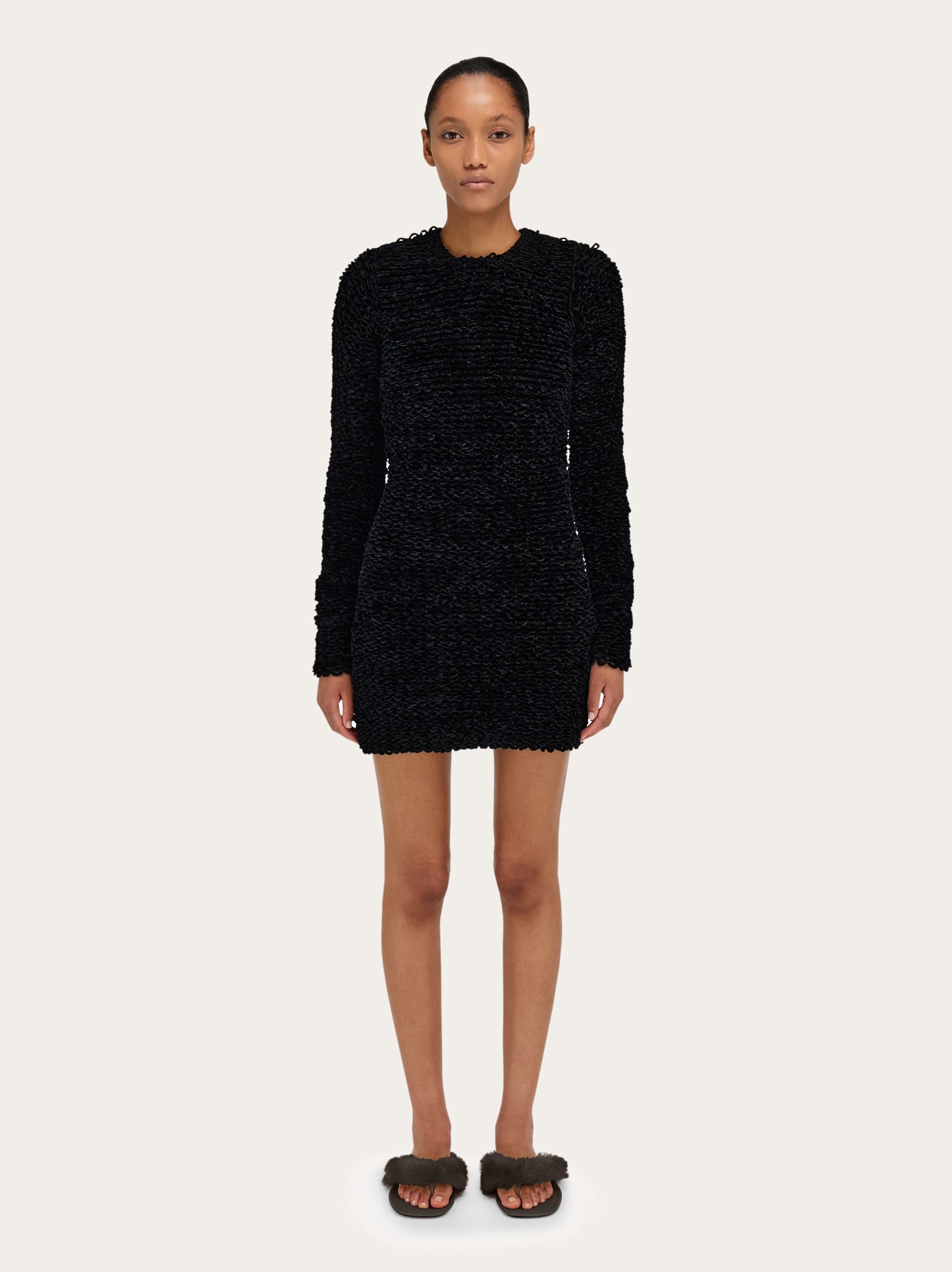 Ferragamo Astrakhan-effect Long-sleeve Mini Dress In Black