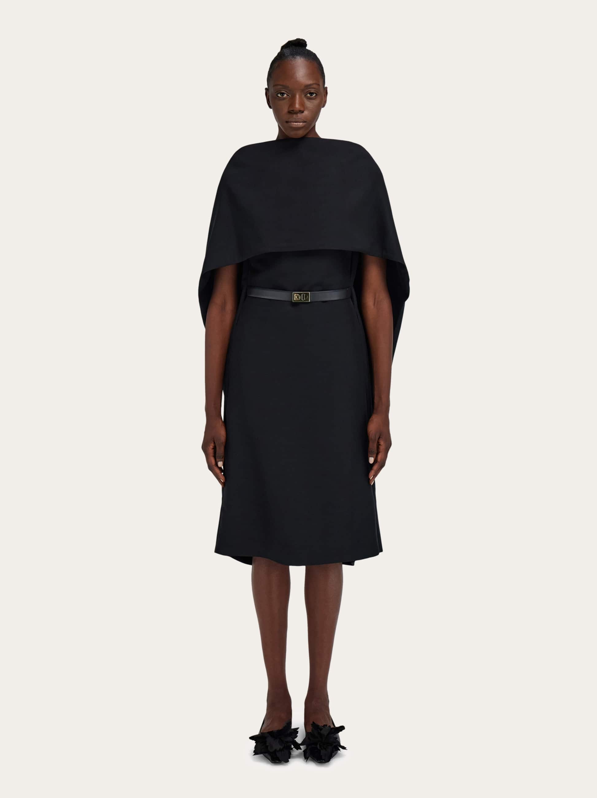 Ferragamo Belted Midi Dress With Billowing Front Panel In Black