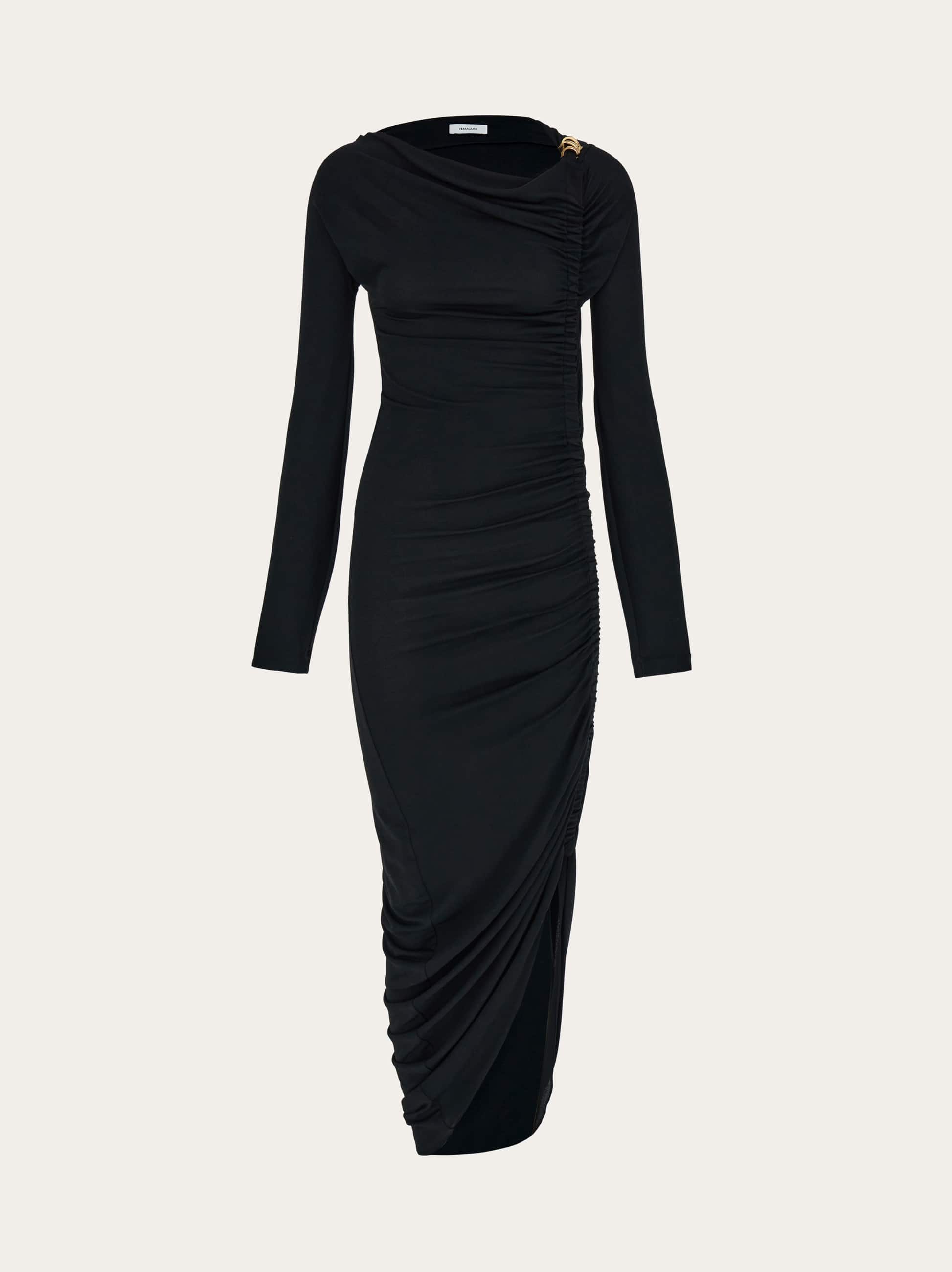 Ferragamo Boat Neck Dress With Ruched Detail In Black