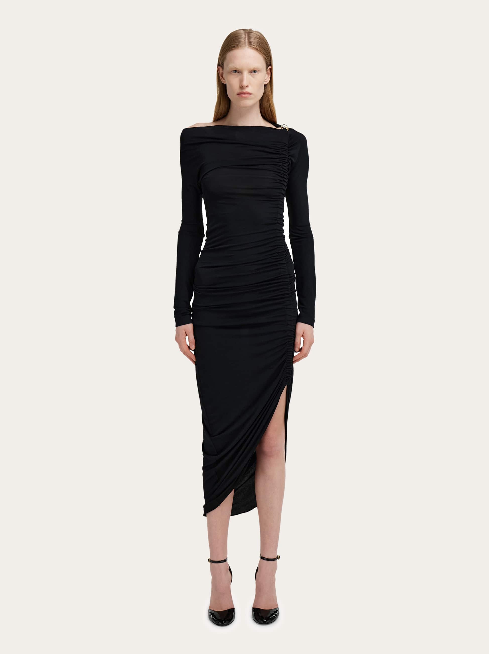 Ferragamo Boat Neck Dress With Ruched Detail In Black