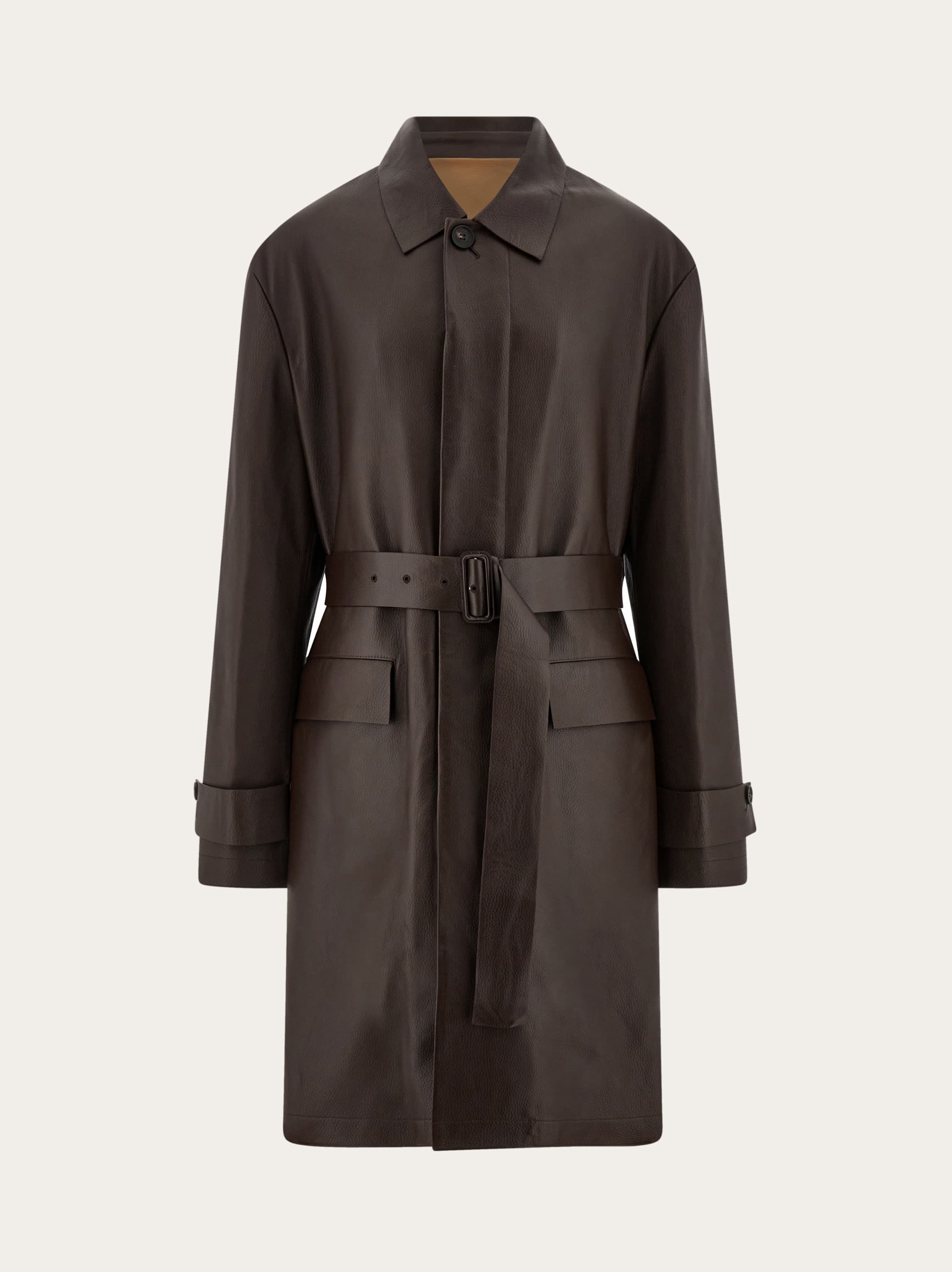 Ferragamo Belted Deerskin Duster Coat In Brown