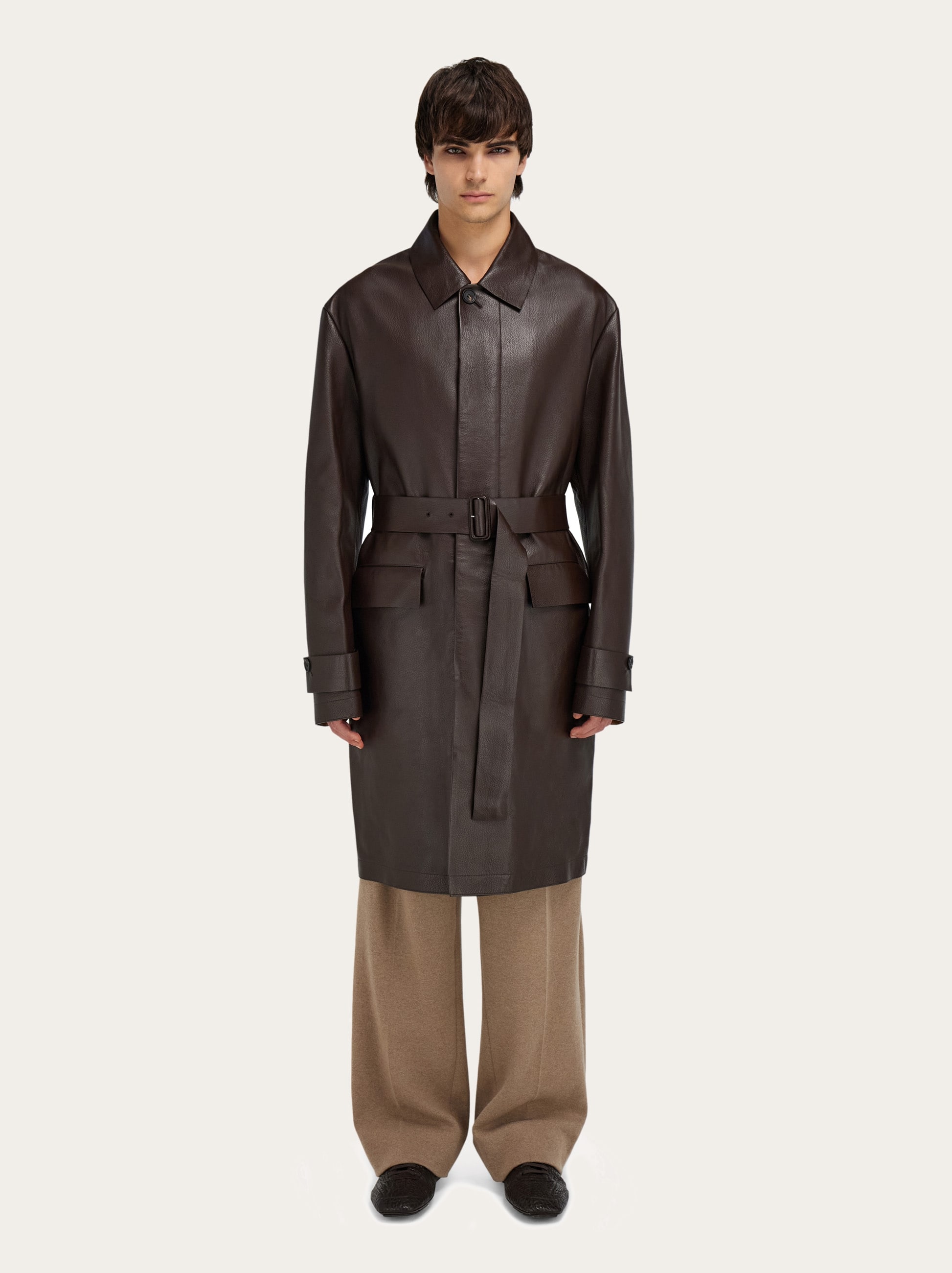 Ferragamo Belted Deerskin Duster Coat In Brown