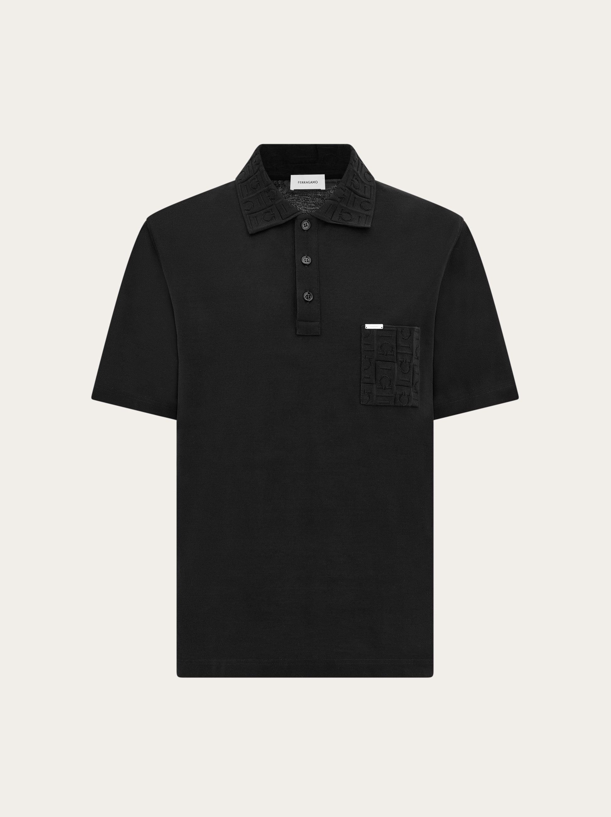 Ferragamo V-neck Polo With Jacquard Pocket Detail In Black
