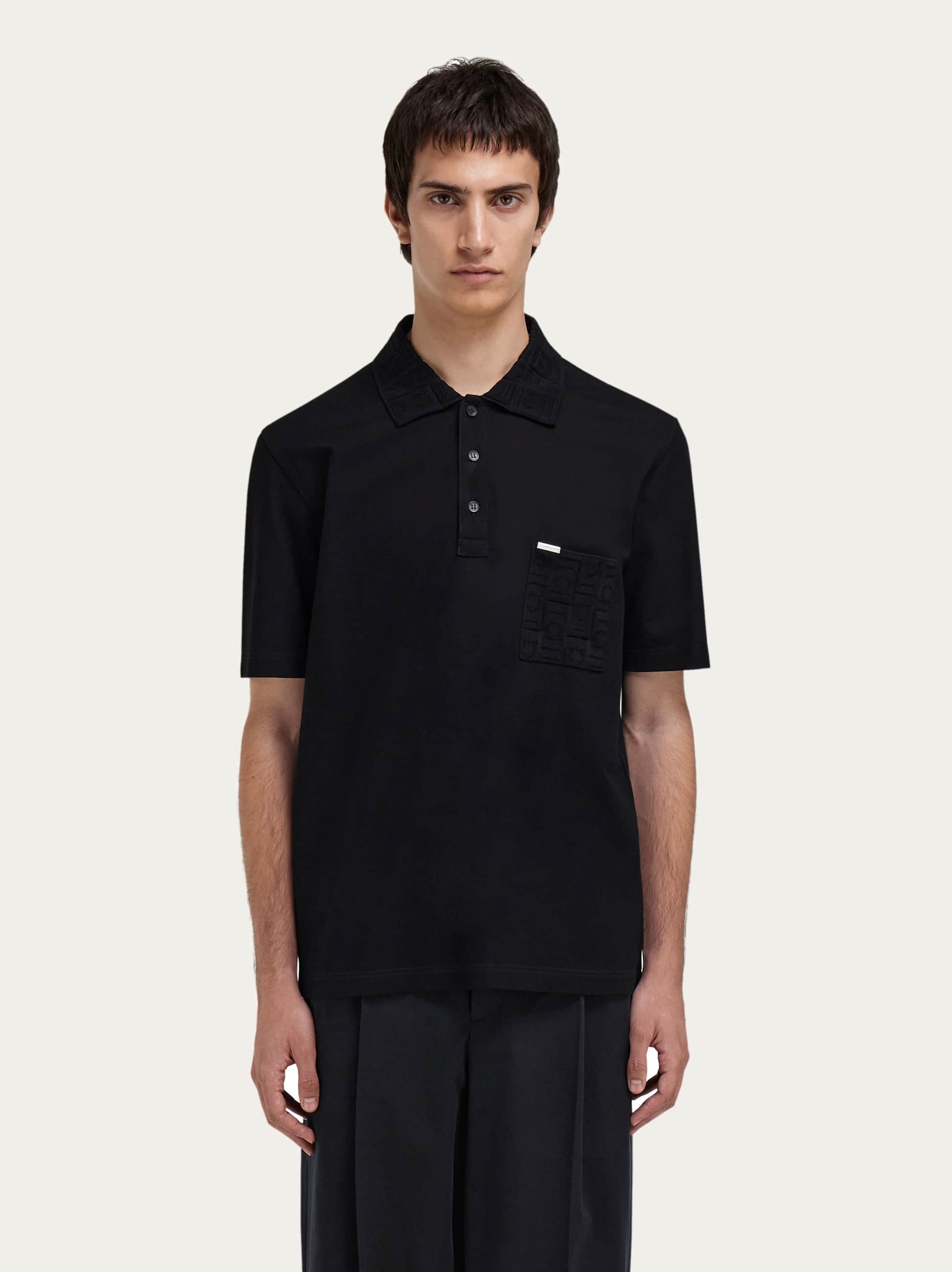 Ferragamo V-neck Polo With Jacquard Pocket Detail In Black