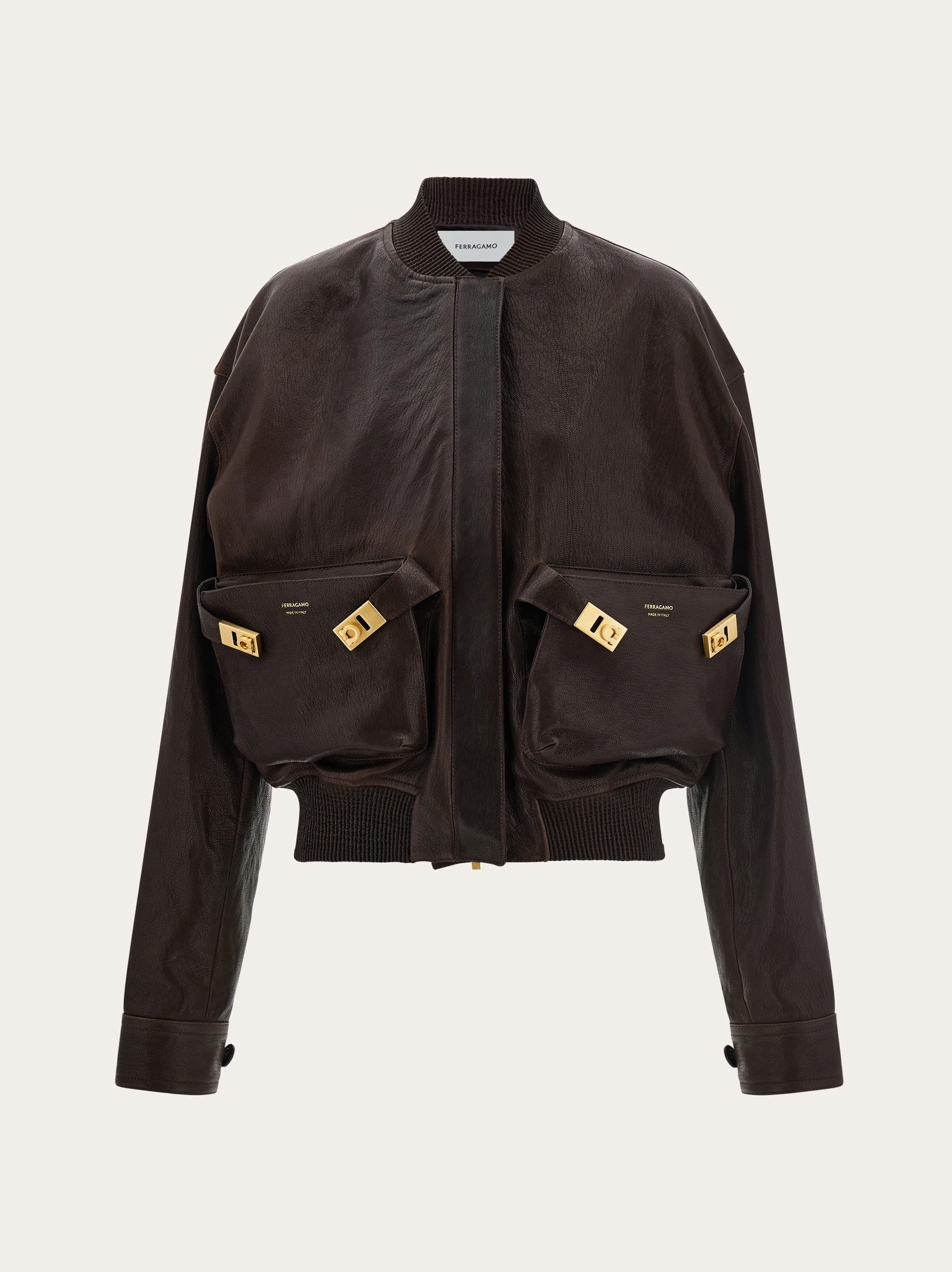 Ferragamo Leather Bomber Jacket In Brown
