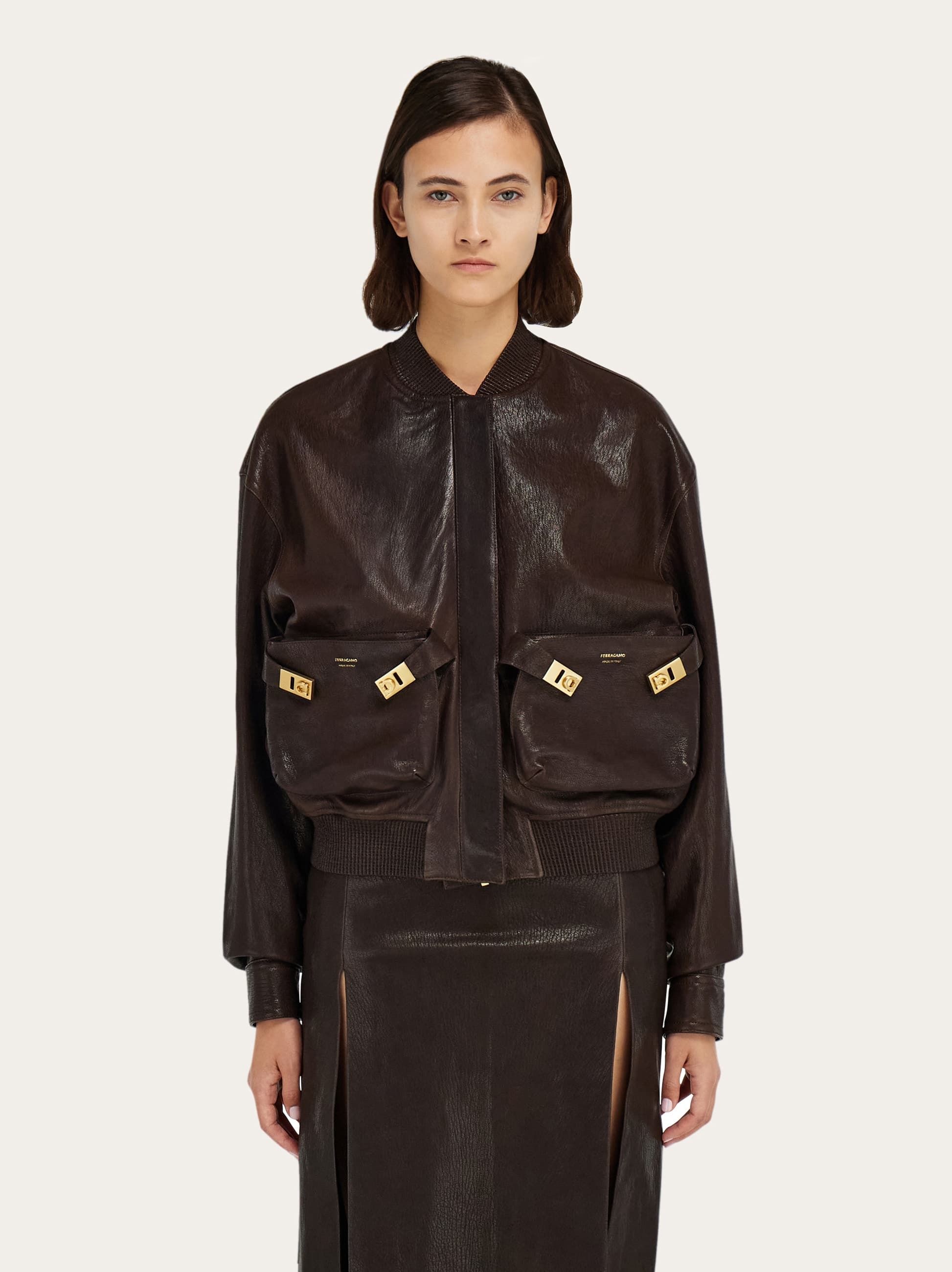 Ferragamo Leather Bomber Jacket In Brown