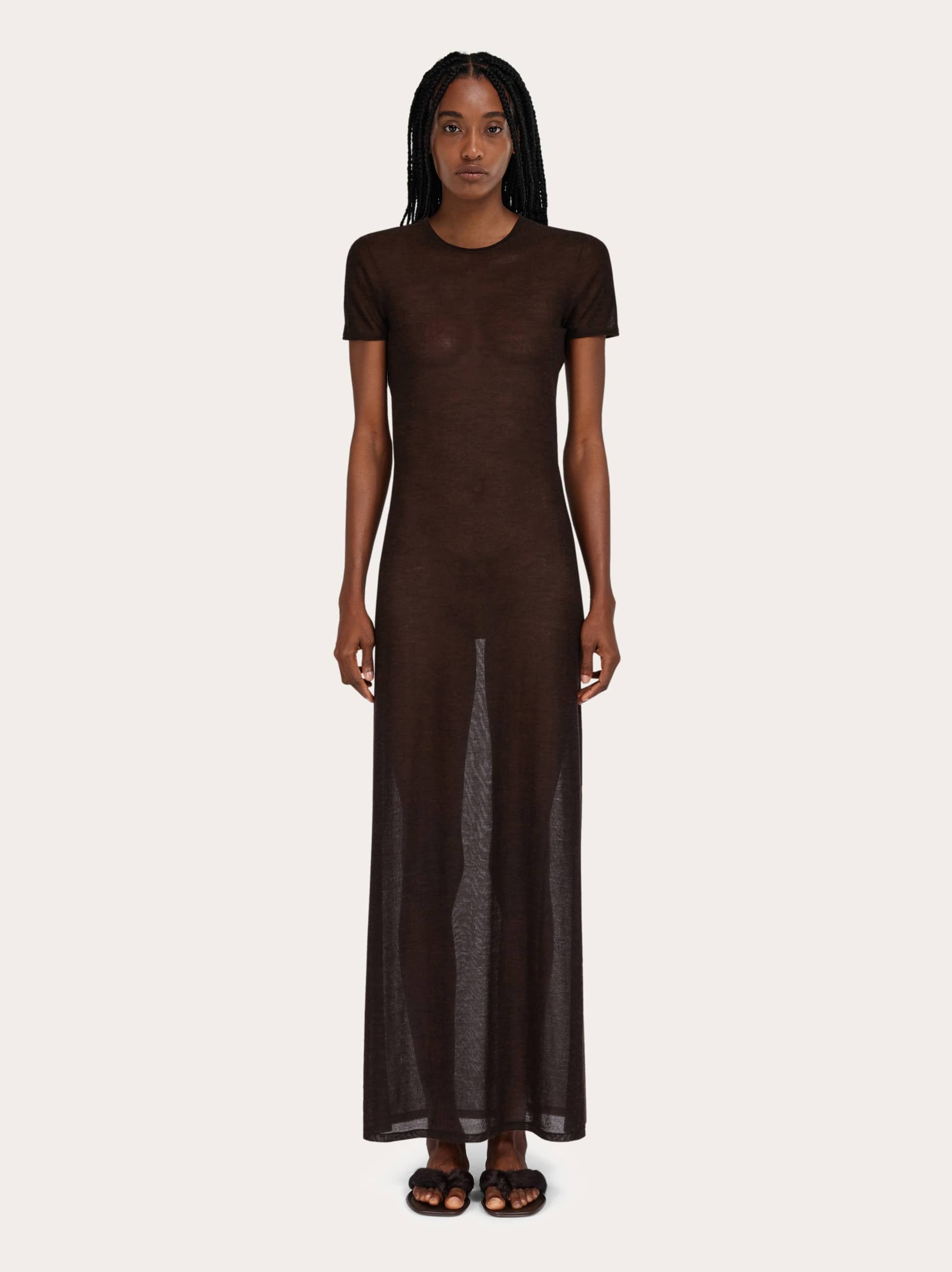 Ferragamo Donna Abito dritto in seta e cashmere Marrone