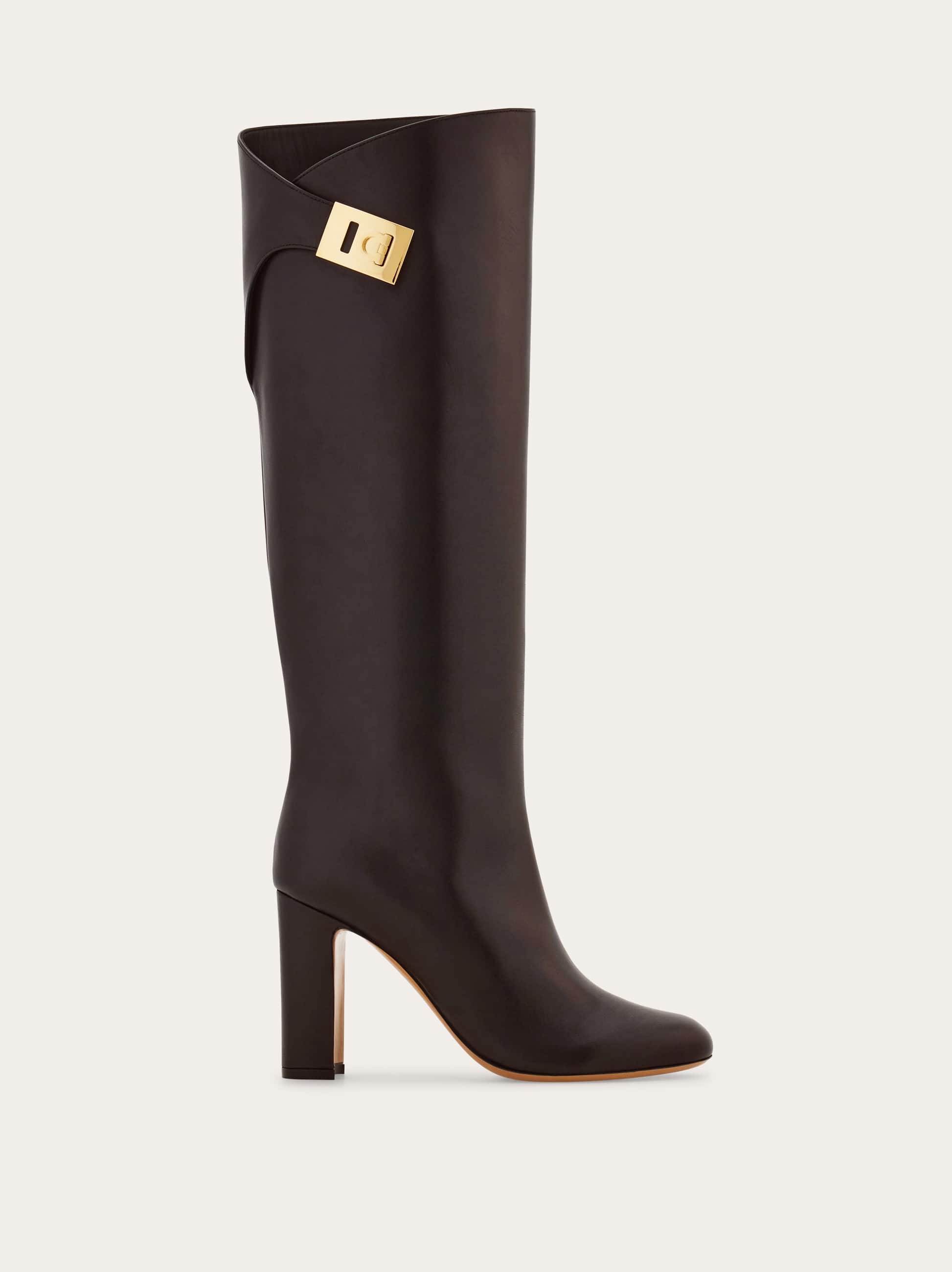 Ferragamo Knee High Boot With Hug Buckle Detail In Brown