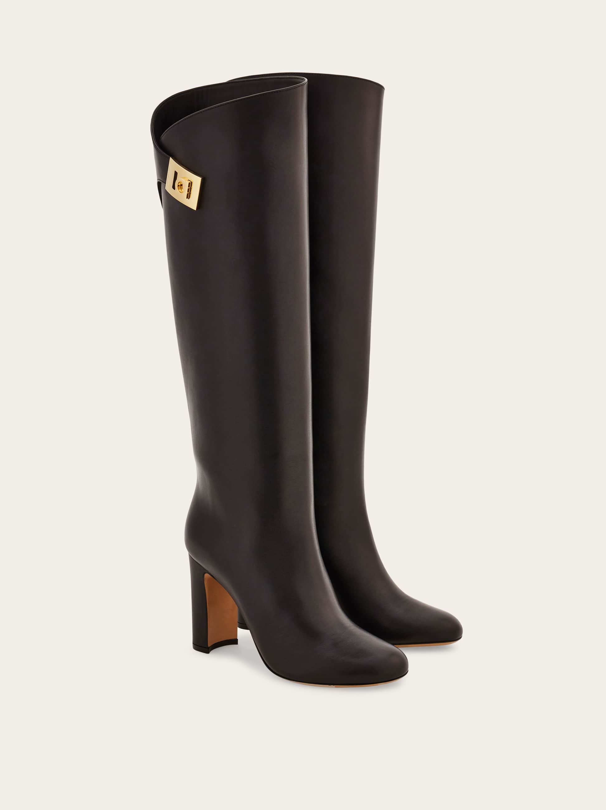 Ferragamo Knee High Boot With Hug Buckle Detail In Brown