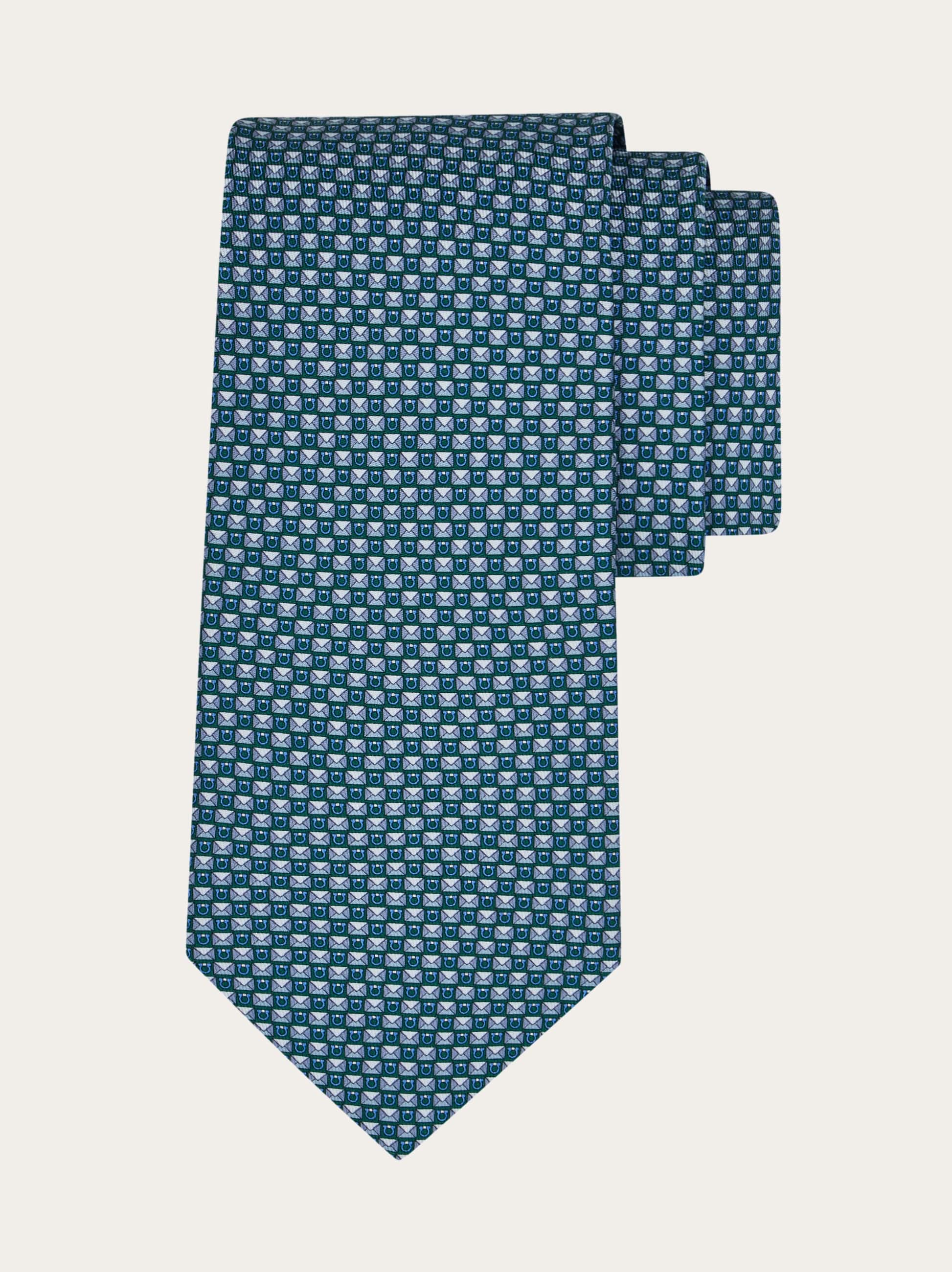 Ferragamo Gancini Letter Print Silk Tie In Blue
