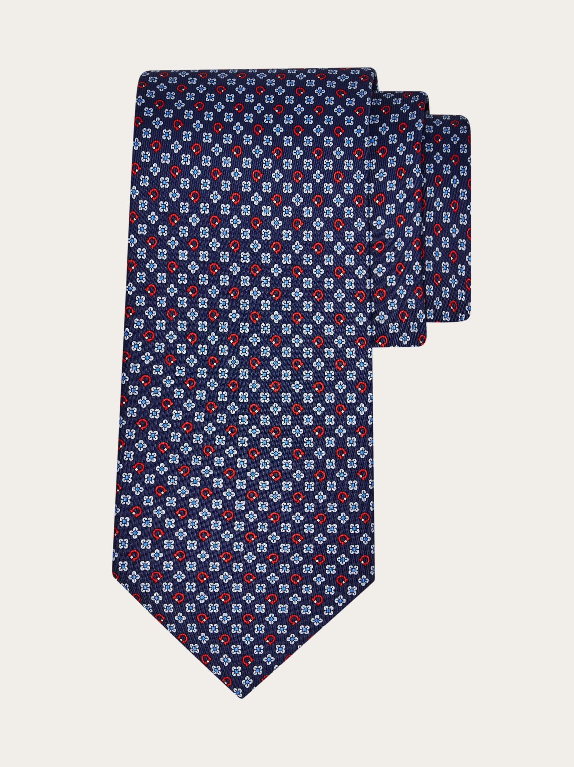 Ferragamo Gancini Flower Print Silk Tie In Blue