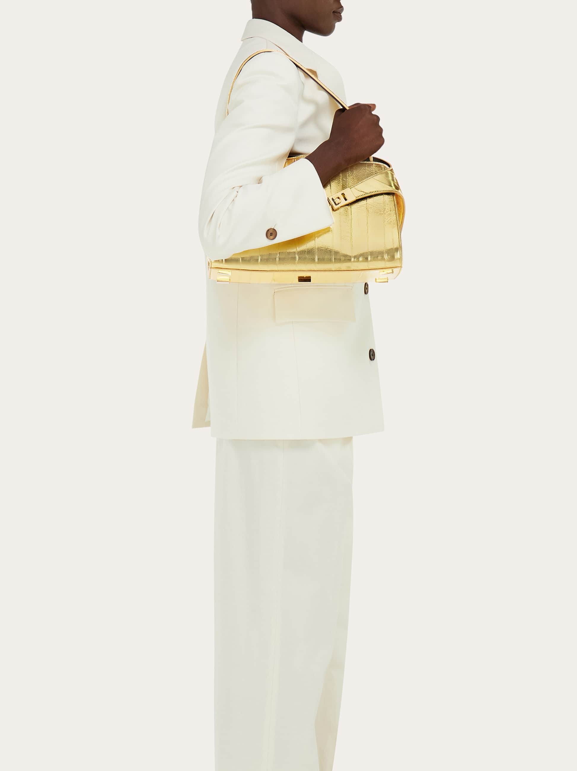 Ferragamo Hug Soft Bicolor Shoulder Bag (m) In Gold