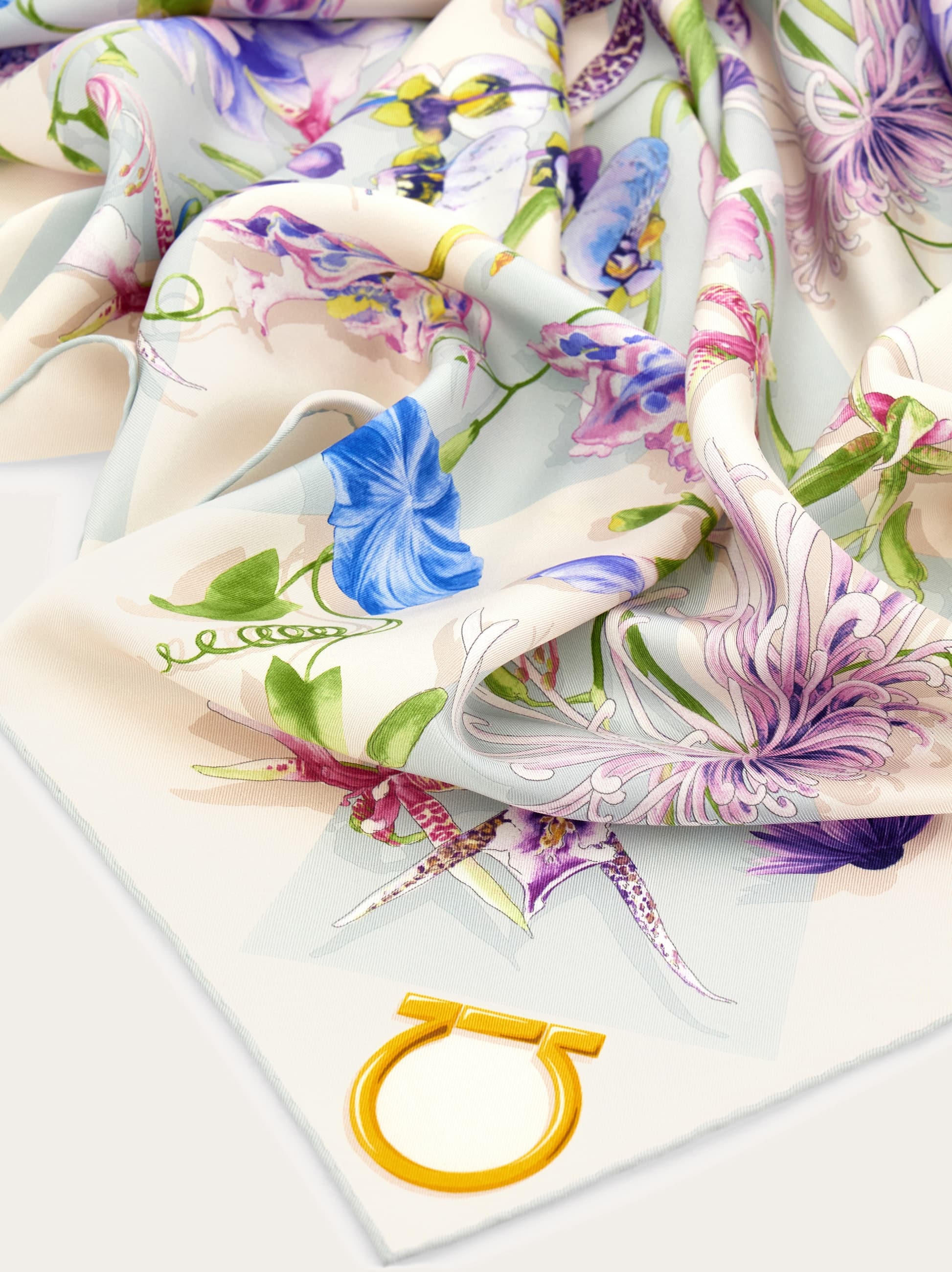 Ferragamo Gaia Scarf Floral Pattern Lightweight Square In Blue