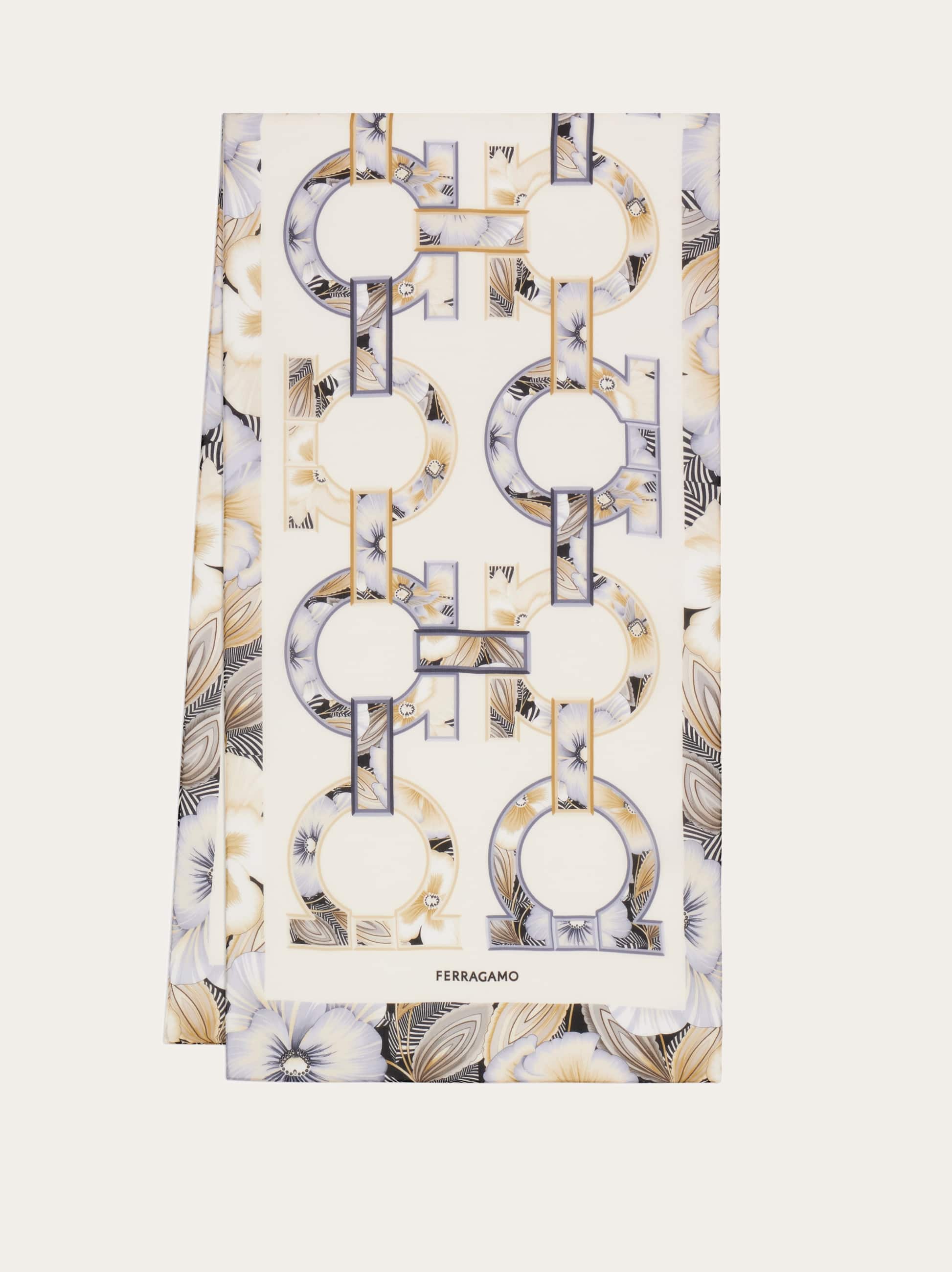 Ferragamo Gancini Floral Print Silk Scarf In White