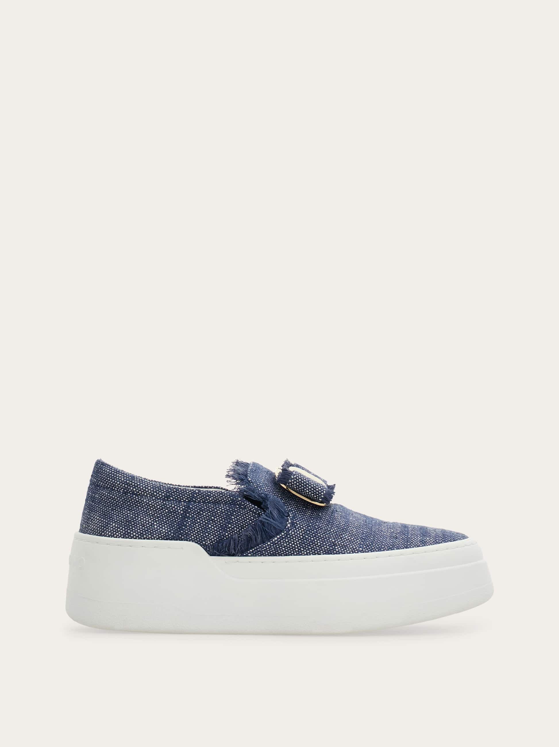 Ferragamo Buckle Frayed Slip-on Sneakers In Blue
