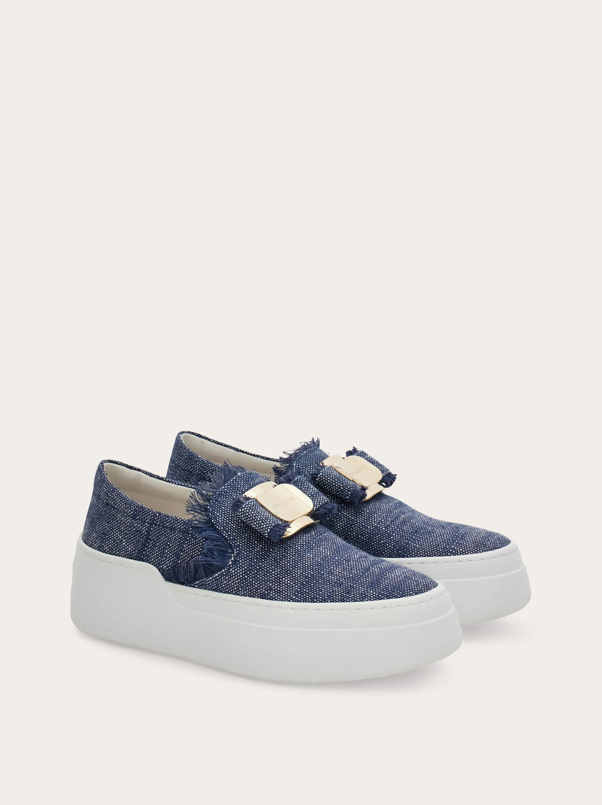 Ferragamo Buckle Frayed Slip-on Sneakers In Blue