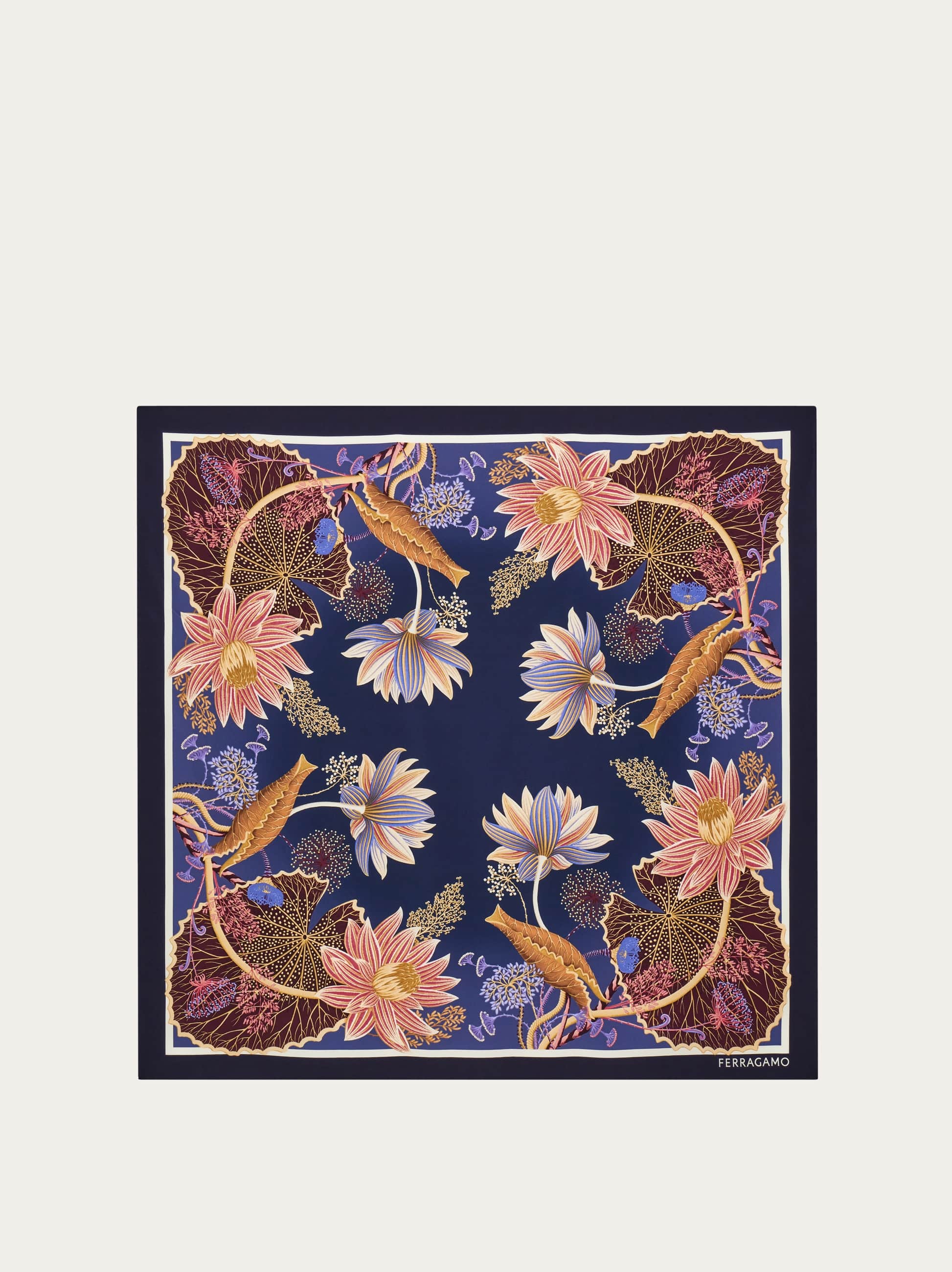 Ferragamo Water Lilies Print Silk Scarf In Blue