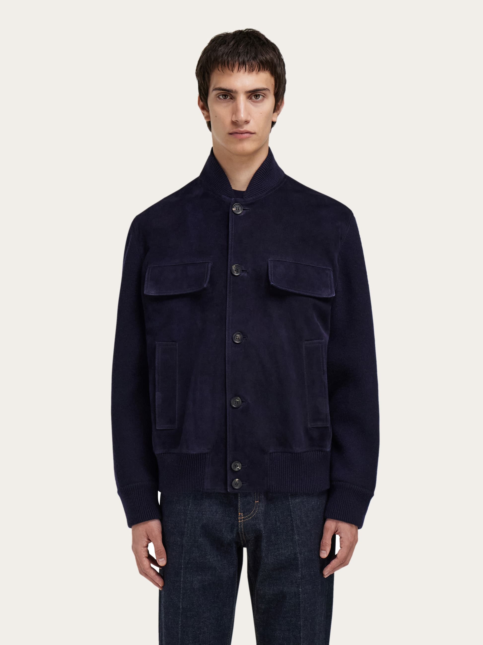  Ferragamo Herren Bomberjacke Aus Veloursleder Und Strickware Blau 