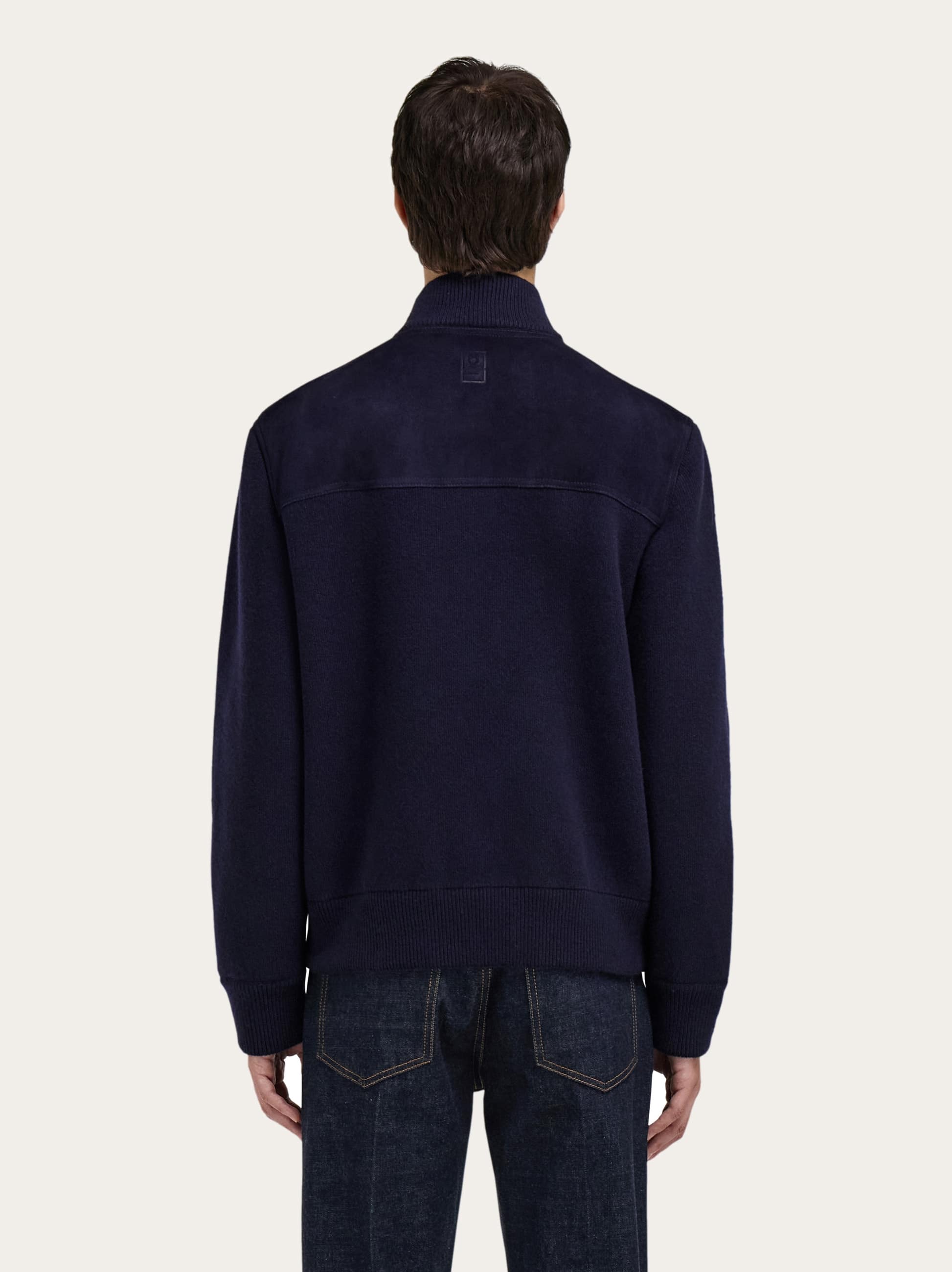  Ferragamo Herren Bomberjacke Aus Veloursleder Und Strickware Blau 