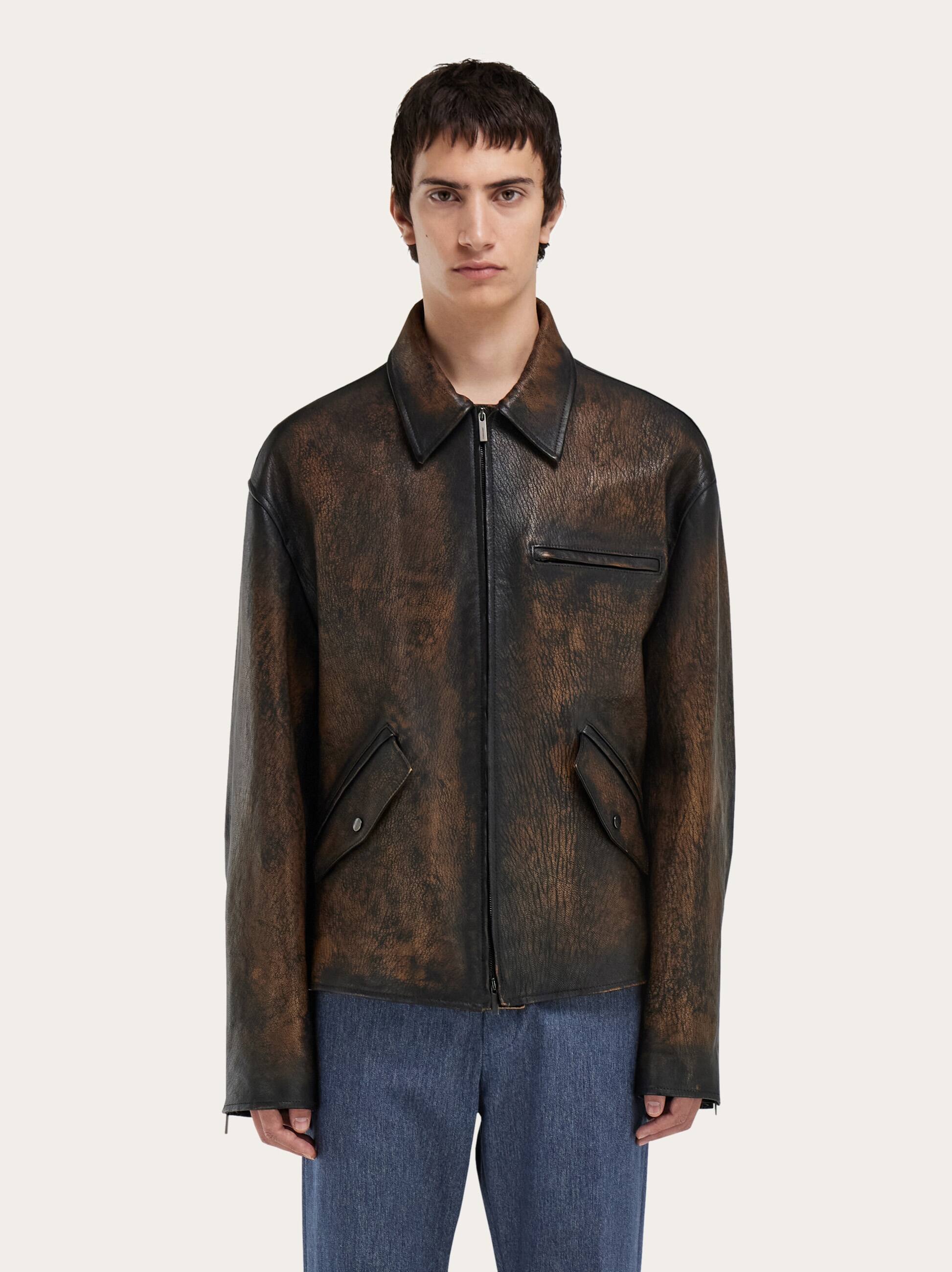 Ferragamo Flap Pocket Zip Leather Jacket In Brown