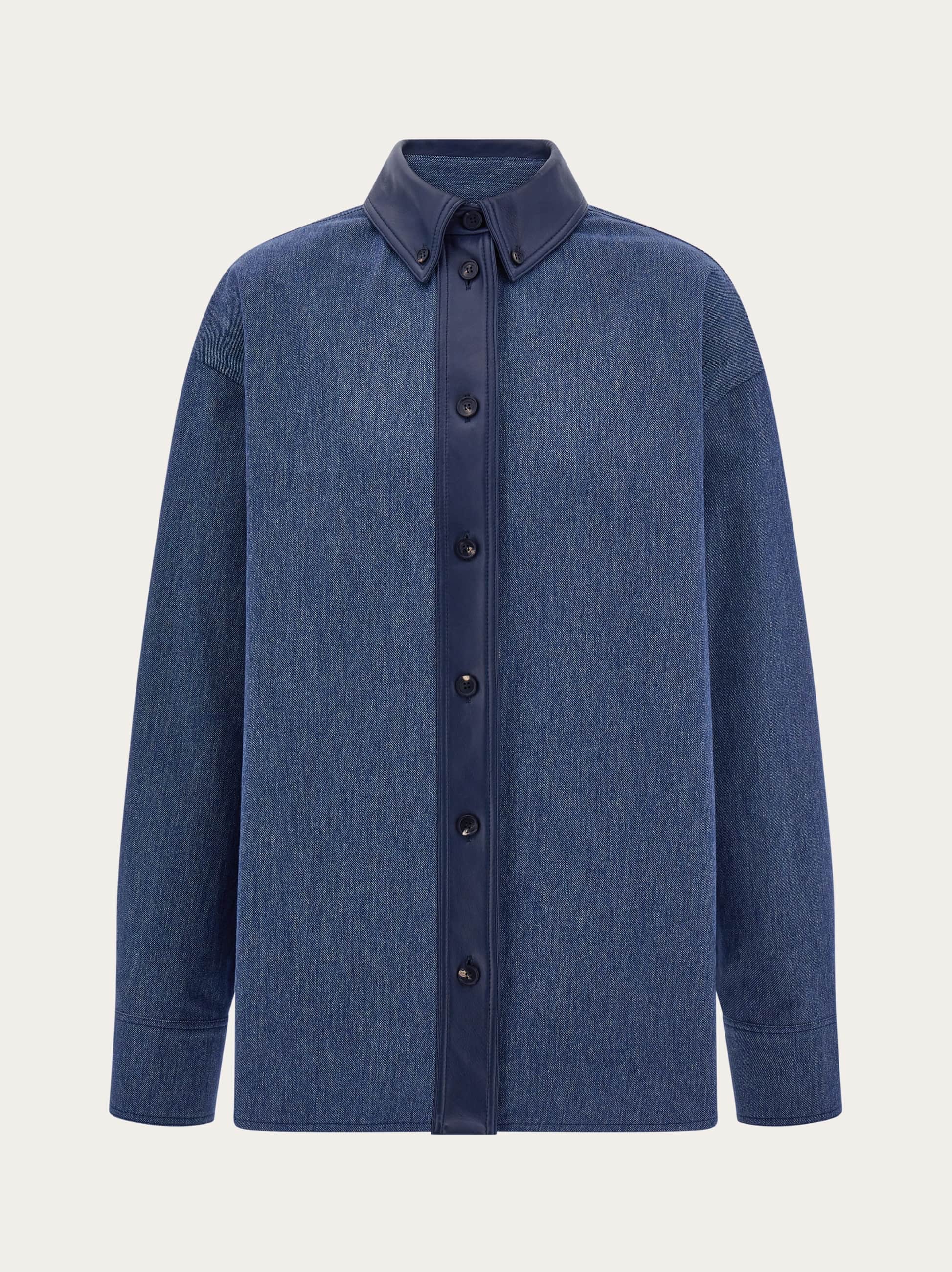 Ferragamo Leather-trim Denim Shirt In Blue