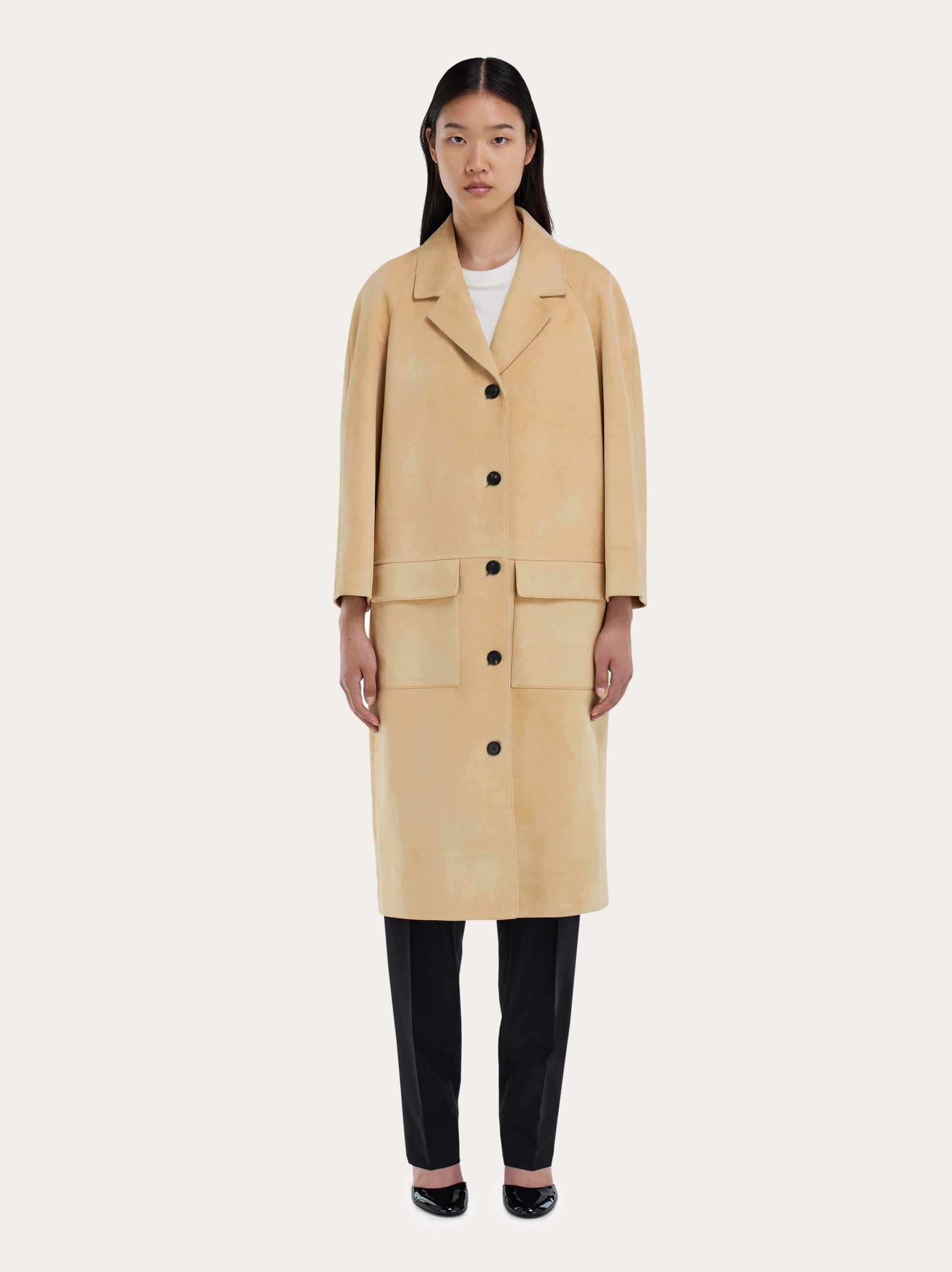 Ferragamo Single Breasted Suede Coat In Neutral