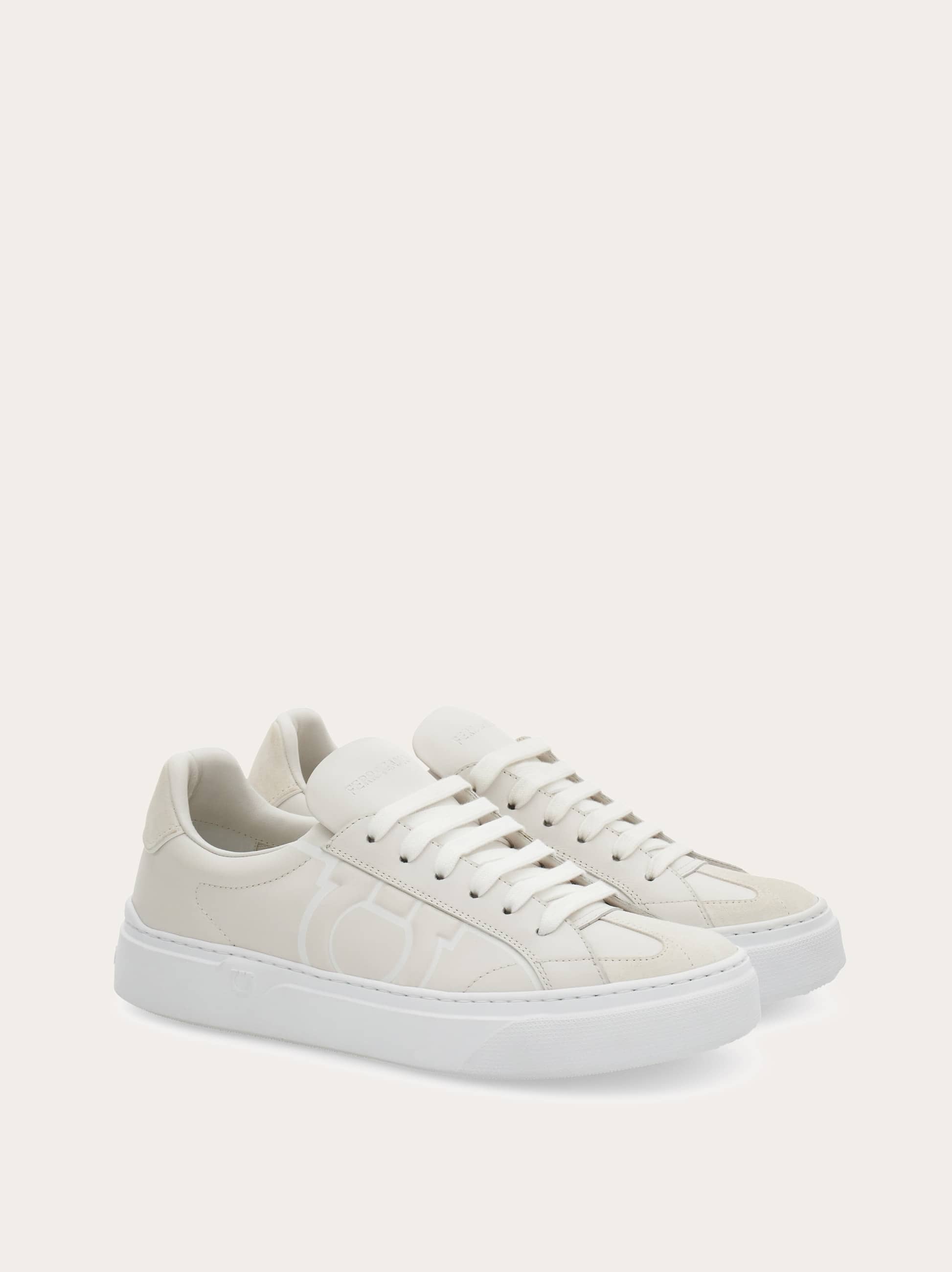 Ferragamo White Calf Leather Bos Taurus Sneakers In Gray