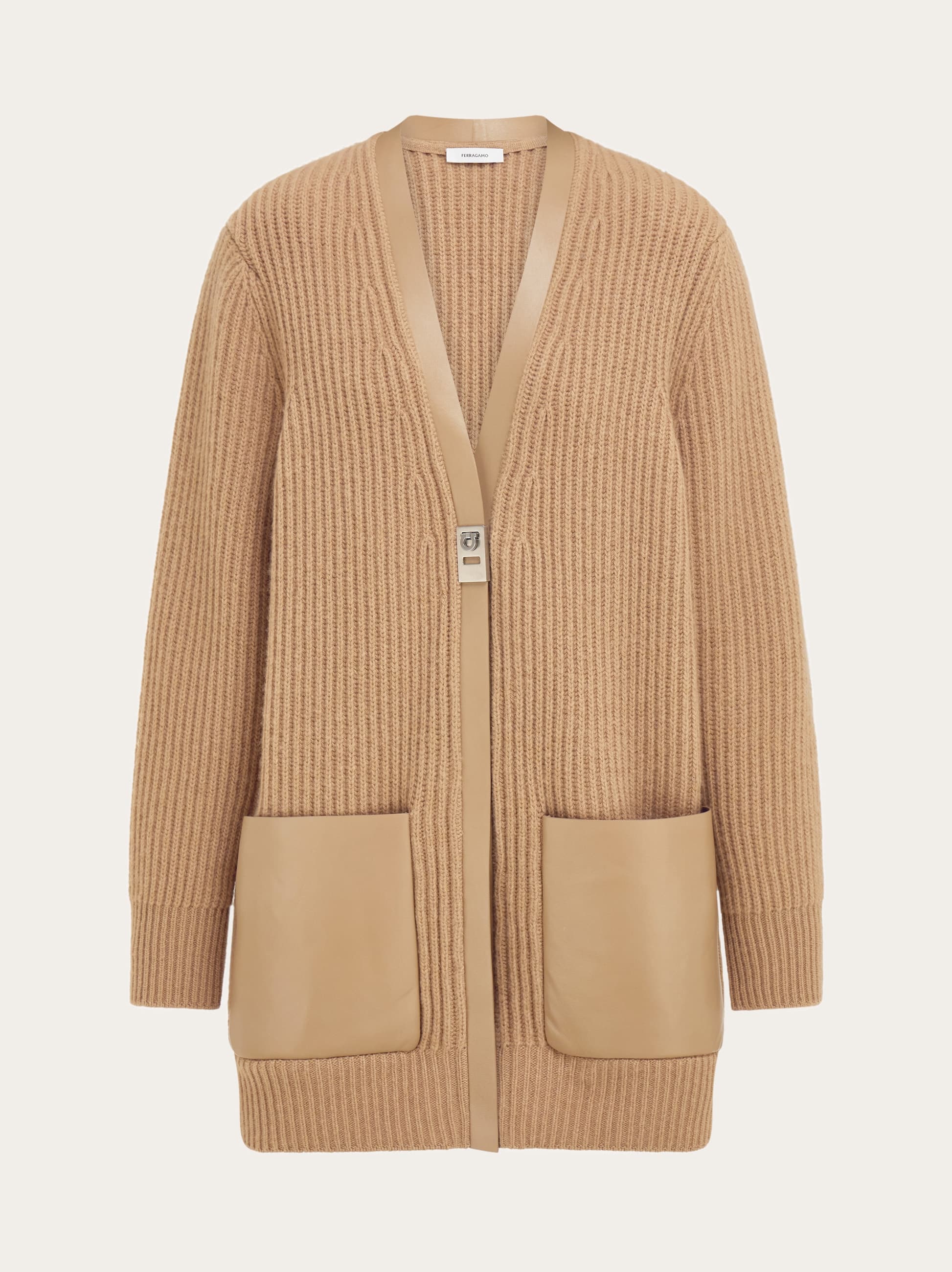 Ferragamo Longline Cardigan With Leather Trims In Brown