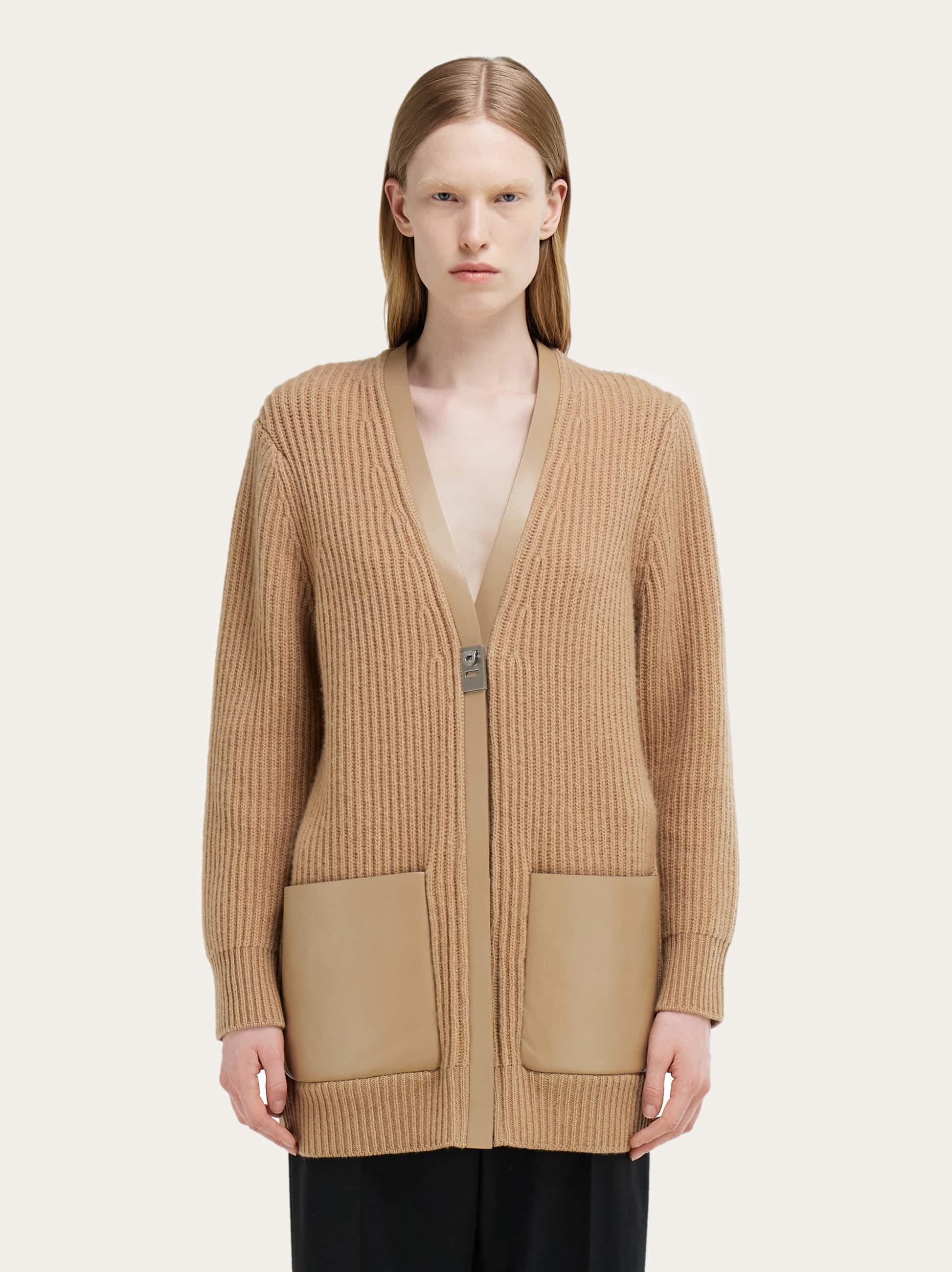 Ferragamo Longline Cardigan With Leather Trims In Brown