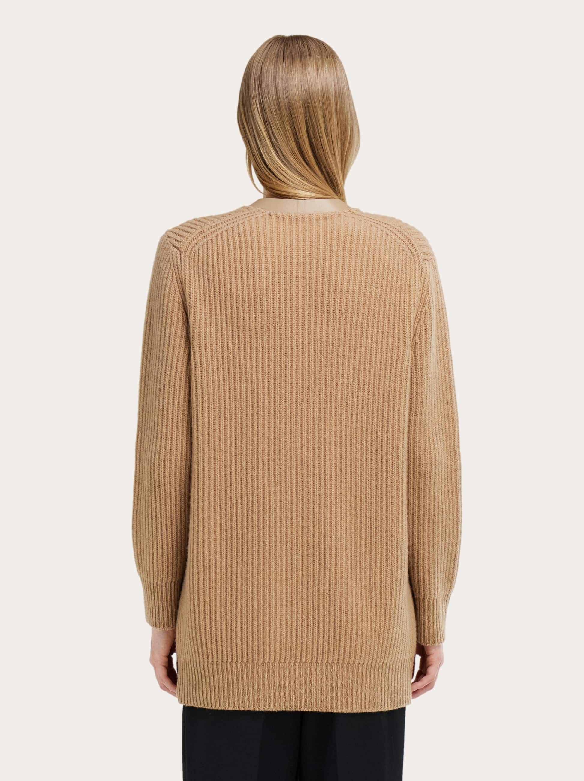  Ferragamo Damen Maxi-strickjacke Mit Lederkanten Beige 