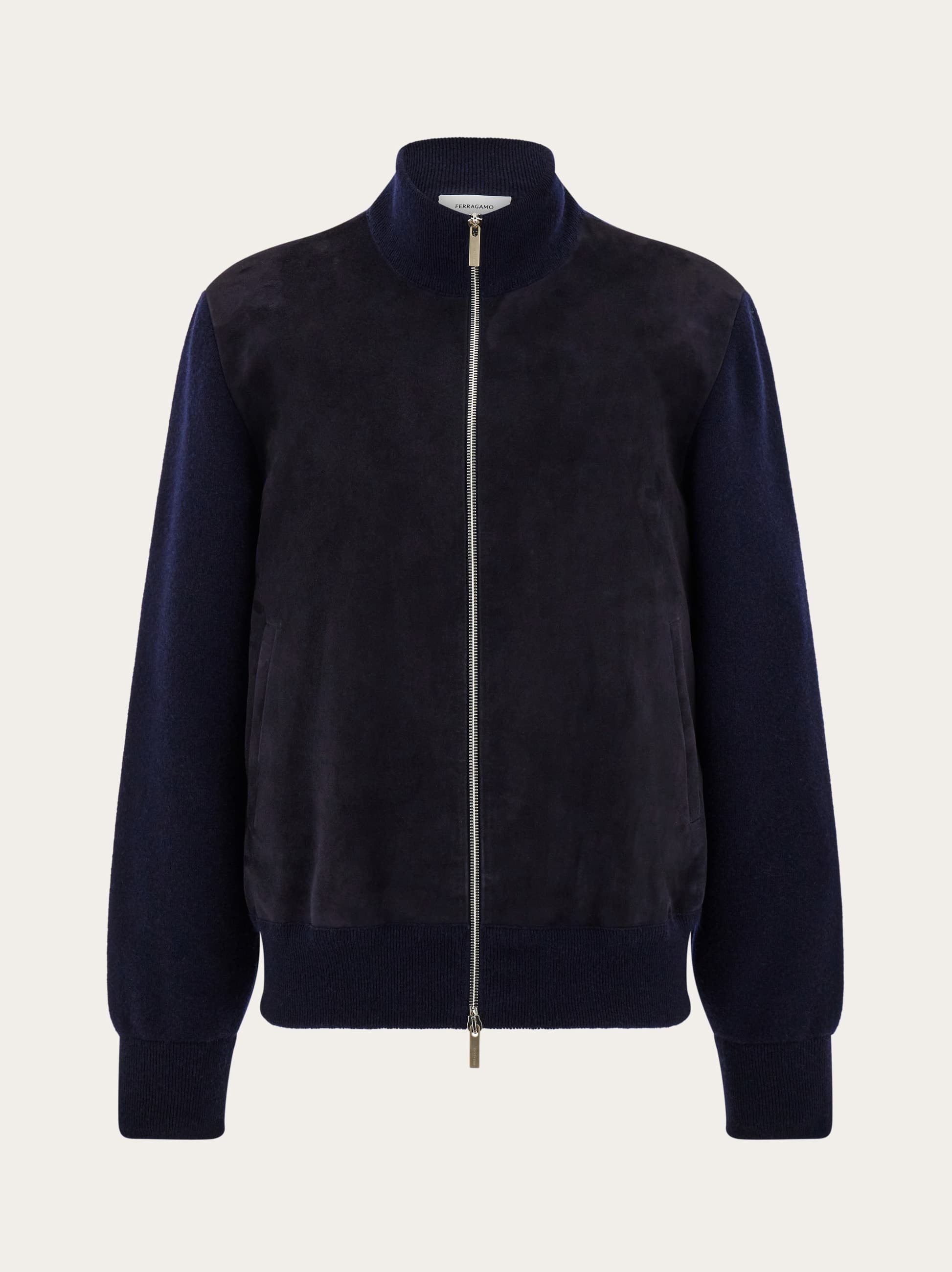 Ferragamo Men's Blue Suede Blouson With Knitted Details