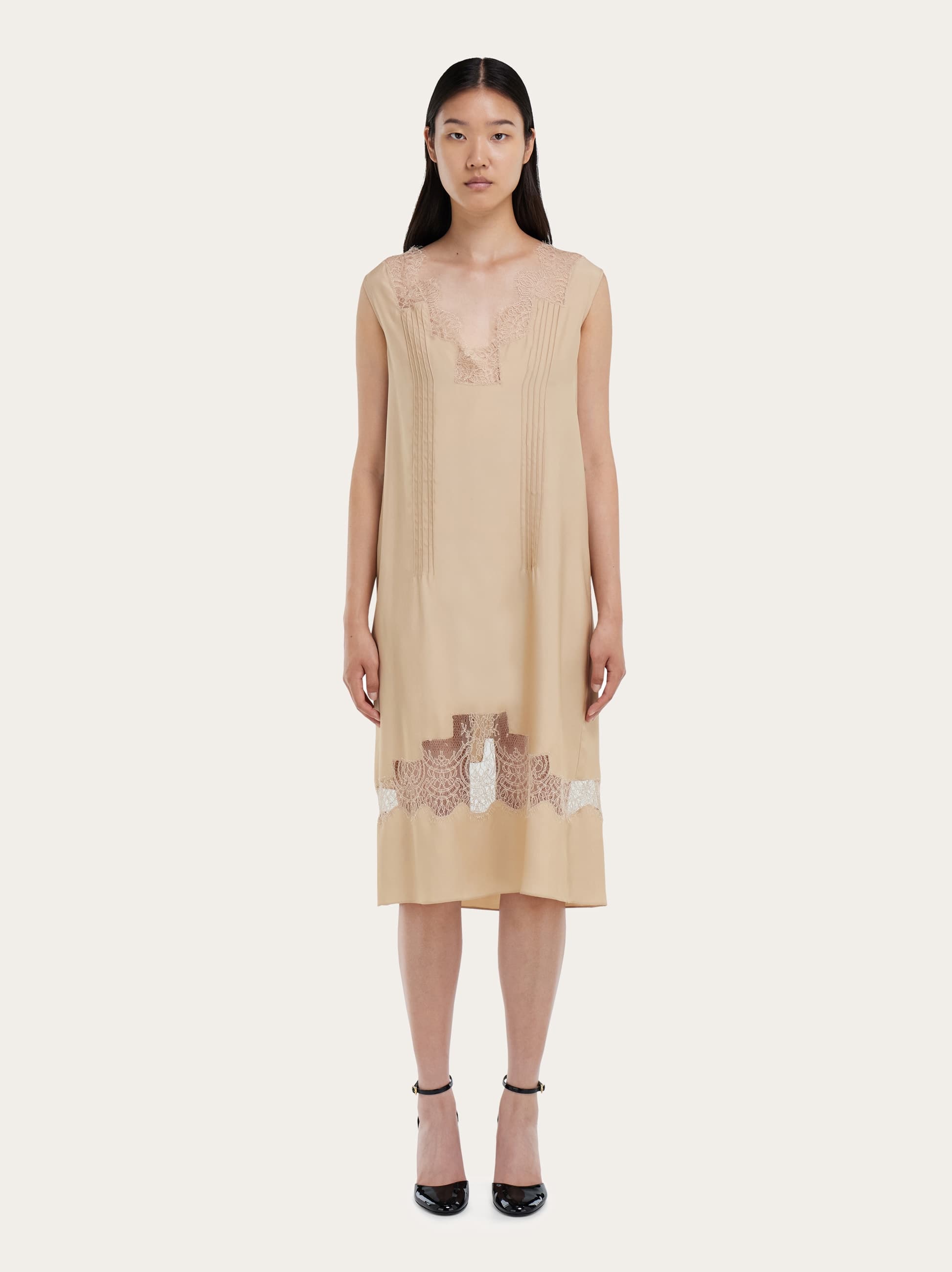 Ferragamo Dress With Lace Inserts In Sand