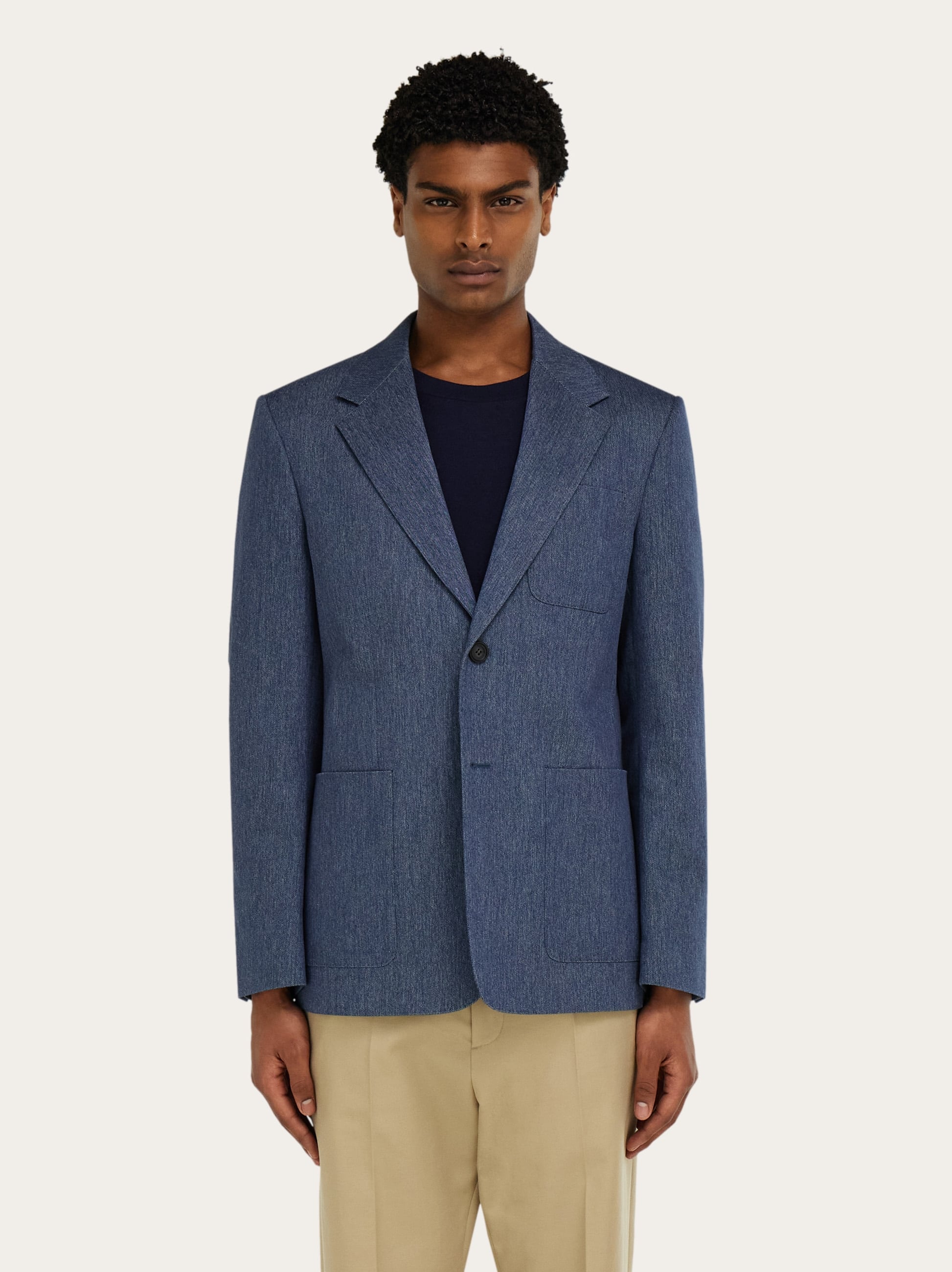  Ferragamo Men Single Breasted Denim Blazer Blue 